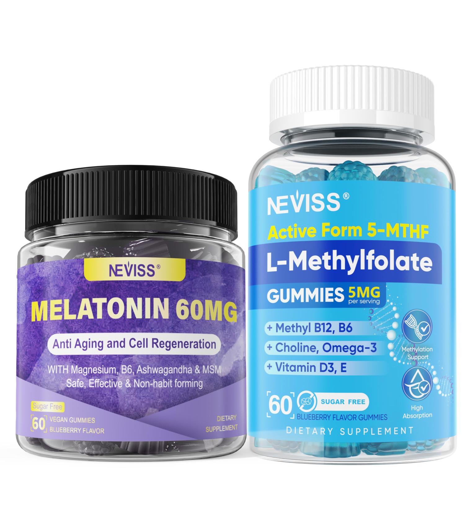 NEVISS 1Pack Antioxidant & Brain Support Melatonin 60mg Gummies with 2Pack L Methylfolate & Methyl B12 Gummies for Methylation Fucus Mood Energy - Buy Online on GoSupps.com
