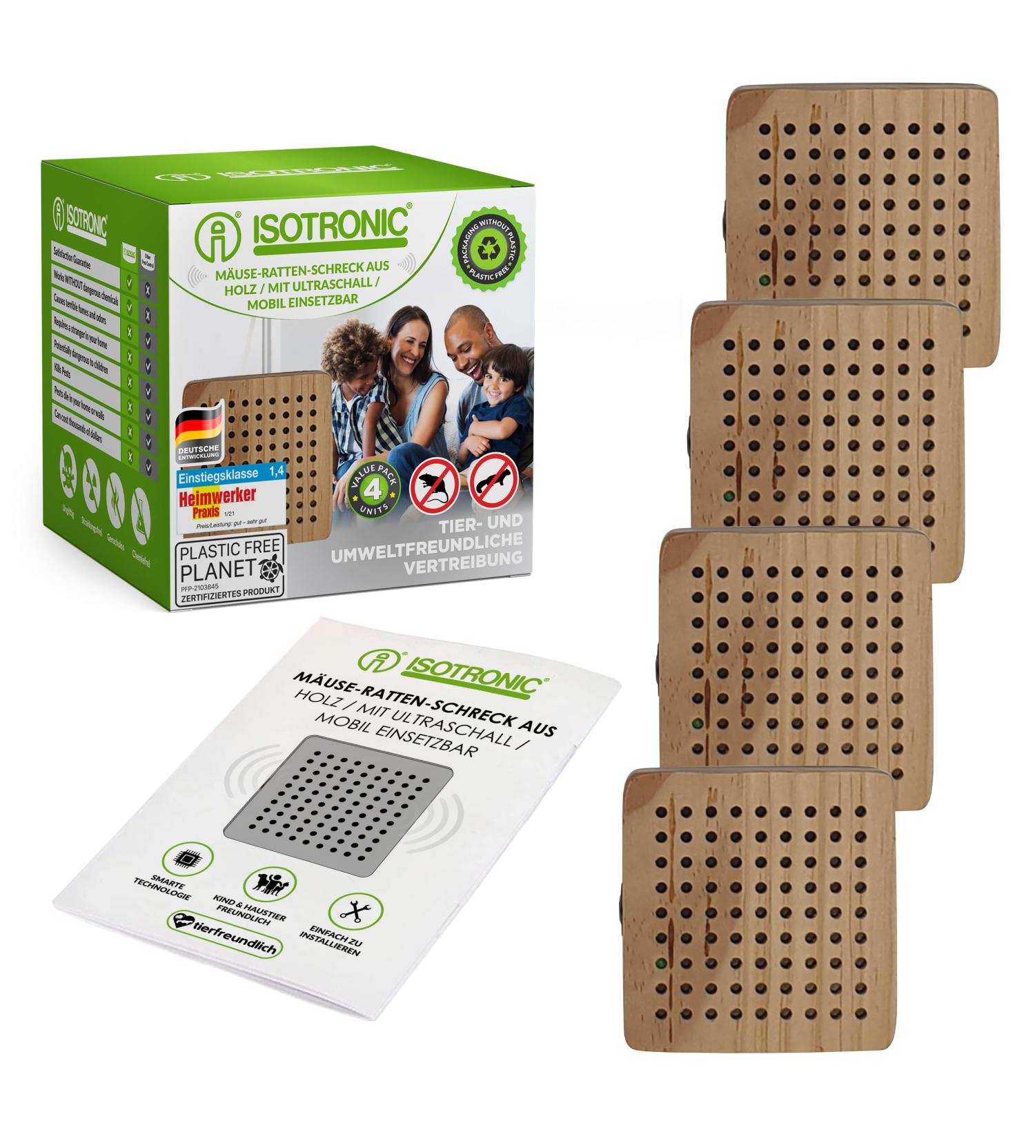 ISOTRONIC Ultrasonic Mouse & Rat Defense - 4-Piece Chemical-Free Pest Control in Wooden Housing for Home Basement & Garden - Buy Online on GoSupps.com