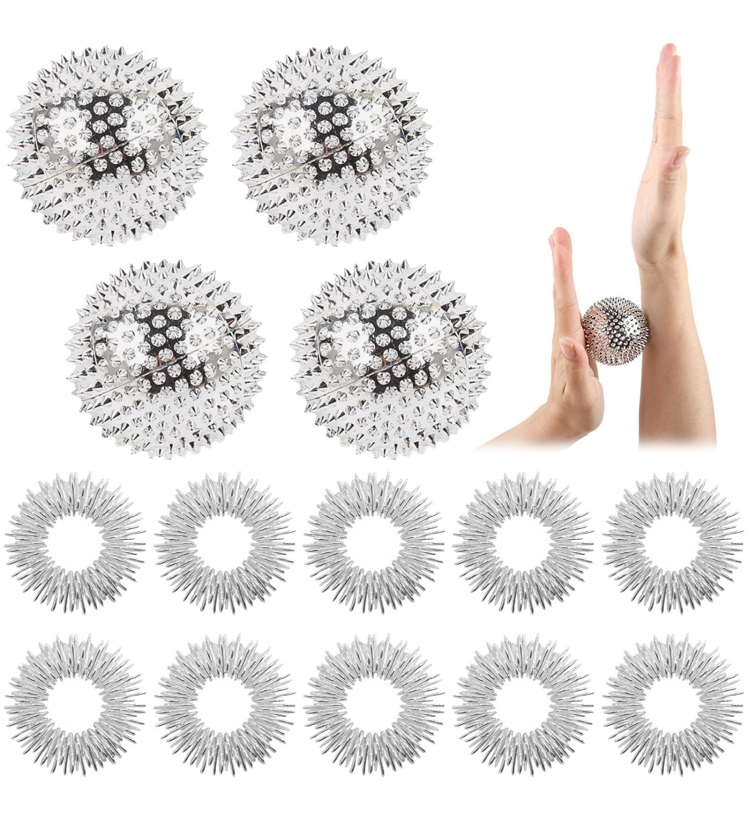 Neerix 2 Couples Hedgehog Massage Set | 10pc Acupressure Ring & Fitness Nop Ball for Foot Hand & Back Muscle Relief - Magnetic Acupressure Balls (Silver) - Buy Online on GoSupps.com