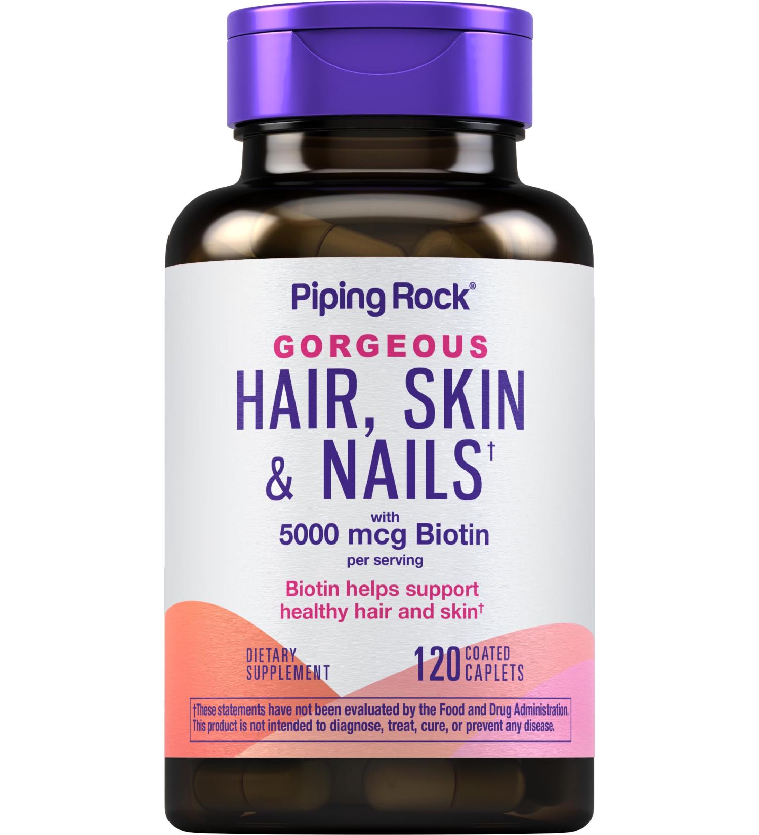 Piping Rock Hair Skin and Nails Vitamins | 120 Caplet Pills | with Collagen | 5000 mcg of Biotin | Non-GMO Gluten Free Supplement - Buy Online on GoSupps.com
