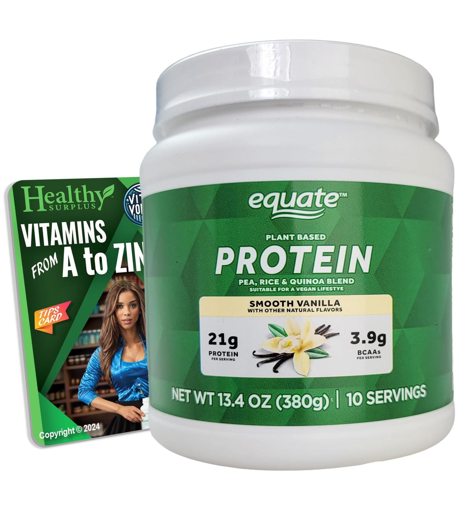 Healthy Surplus Equate Vanilla Pea Protein - 13.4 OZ (380g) - 10 Servings and Vital Volumes Vitamins Tips Card - Buy Online on GoSupps.com