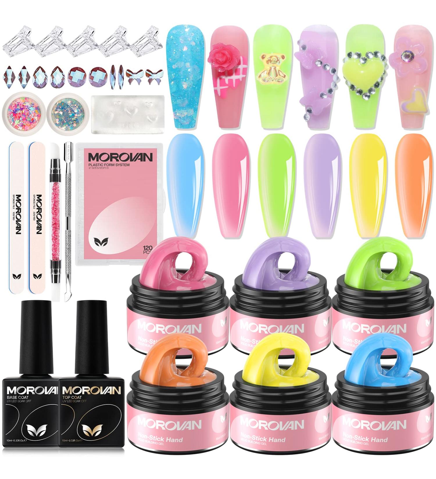 Morovan Solid Builder Gel Kit - 6 Colors Non-Sticky Gel for Nail Extension & 3D Structures | Nail Gel Set with Base & Top Coat, Glitter Powder & Rhinestones - Buy Online on GoSupps.com