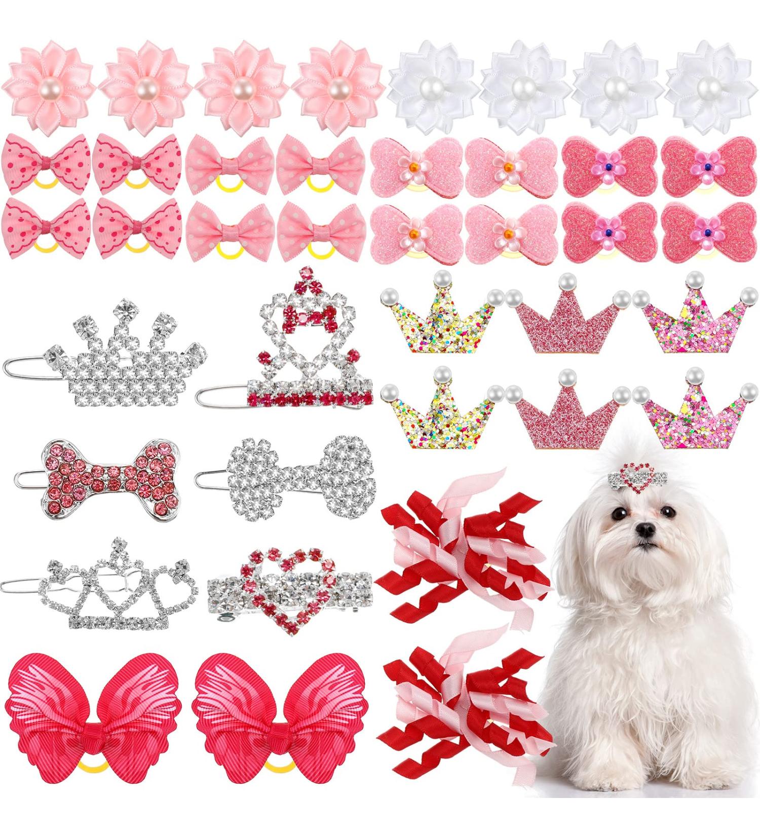 Janinka 40-Piece Dog Hair Clips & Bow Crown Set for Small Dogs | Princess Style Crystal Rhinestone Barrettes, Rubber Bands, Flowers, Butterflies | Grooming Accessories - Buy Online on GoSupps.com