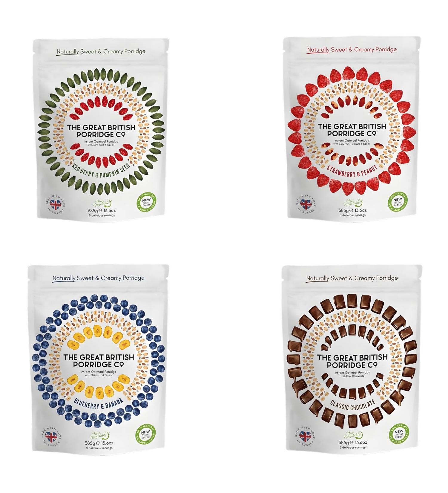 GreatBritish Porridge Pick N Mix - Choose From 3+ Flavours | Blueberry & Banana Classic Chocolate Red Berry & Pumpkin | Gift Set for Oats Lovers Pack 4 (385g) 385.00 g (Pack of 4) - Buy Online on GoSupps.com