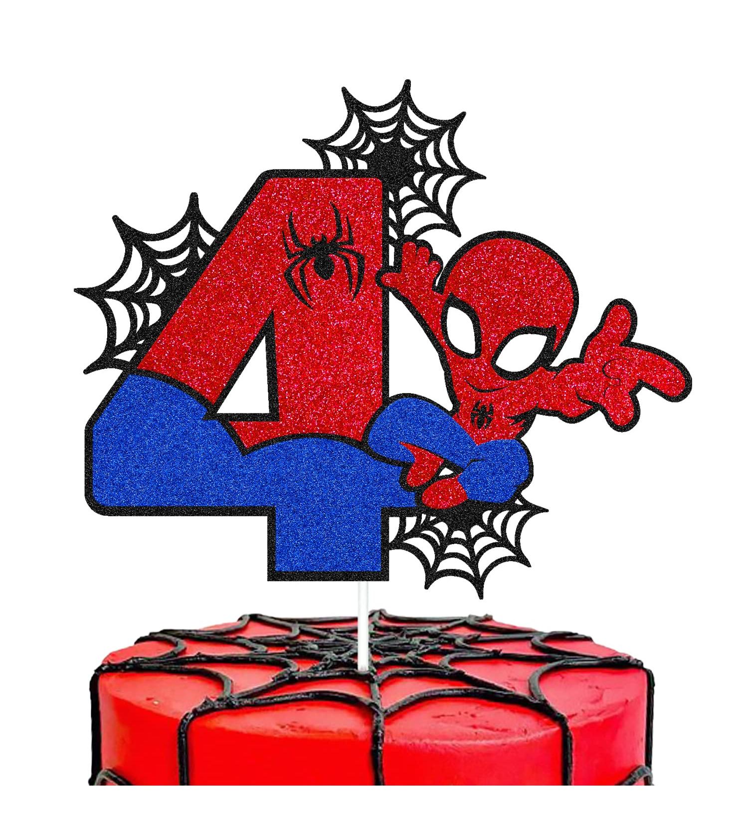 Spider 4th Birthday Cake Topper Spider Cartoon Movie Themed Happy 4s Birthday Cake Decorations for Men Boy Children Four Bday Party Supplies Double Sided Glitter Black DÃ©cor - Buy Online on GoSupps.com