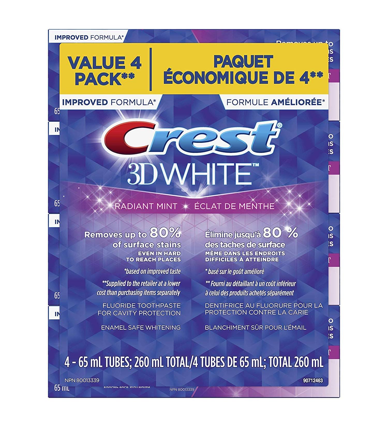 Crest 3D White Whitening Toothpaste Radiant Mint 65 mL (Pack Of 4) ( Packaging May Vary ) Mint 3D White - Buy Online on GoSupps.com