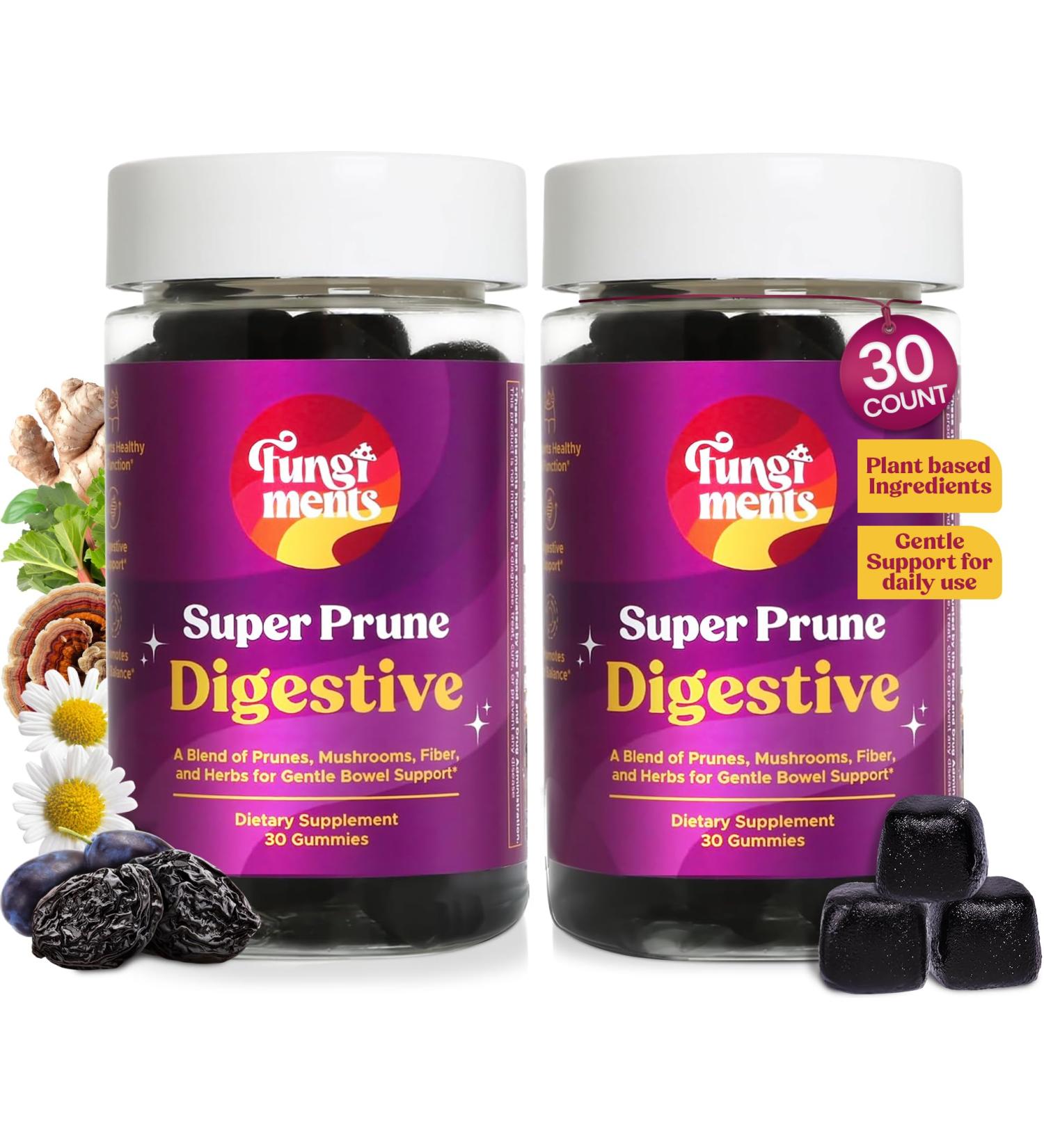 Fungiments Super Prune - Mushroom Supplement - Turkey Tail Mushrooms Fiber Rhubarb Prunes Ginger Chamomile - Debloating Constipation Relief (2-30 Count Gummies) - Buy Online on GoSupps.com