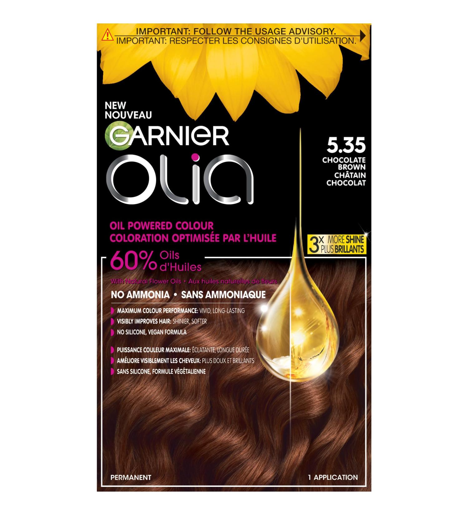 Garnier Olia Permanent Hair Dye Ammonia-Free Hair Color 5.35 Chocolate Brown 100% Grey Coverage Long-Lasting Hair Shine With 60% Oils 1 Application BROWN SHADES 5.35 Chocolate Brown - Buy Online on GoSupps.com