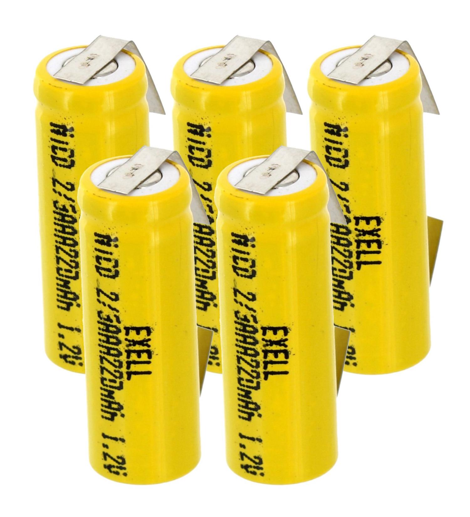 5x Exell 2/3AAA NiCD 220mAh 1.2V Flat top Rechargeable Battery with Tabs