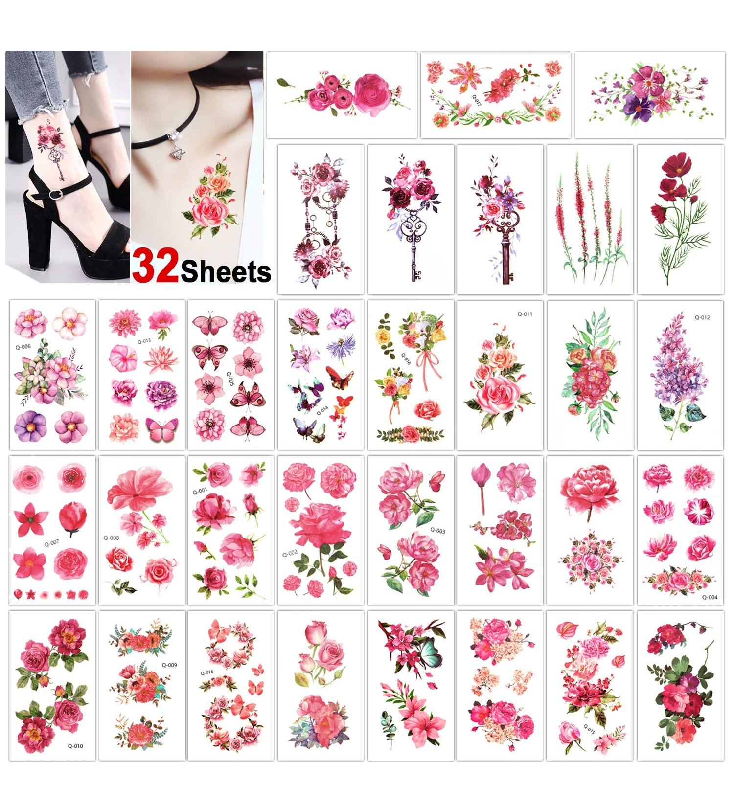 Konsait Flower Temporary Tattoos - 32 Sheets Adult Waterproof Body Art Sticker for Women - Rose, Butterfly, Plum, Lotus, Lavender Designs - Buy Online on GoSupps.com
