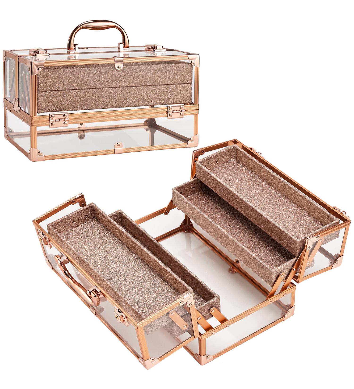 Frenessa Acrylic Makeup Organizer with 4 Trays - Portable Cosmetic Storage Case for Makeup Artists and Stylists - Rose Gold - Buy Online on GoSupps.com