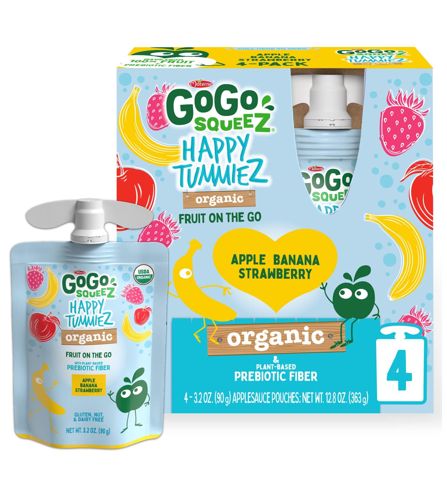 GoGo squeeZ happy tummieZ Organic Apple Banana Strawberry 3.2 oz - 4 Pouches | Prebiotic Fiber Kids Snacks | Gluten-Free, Nut-Free, Dairy-Free, Vegan - Buy Online on GoSupps.com