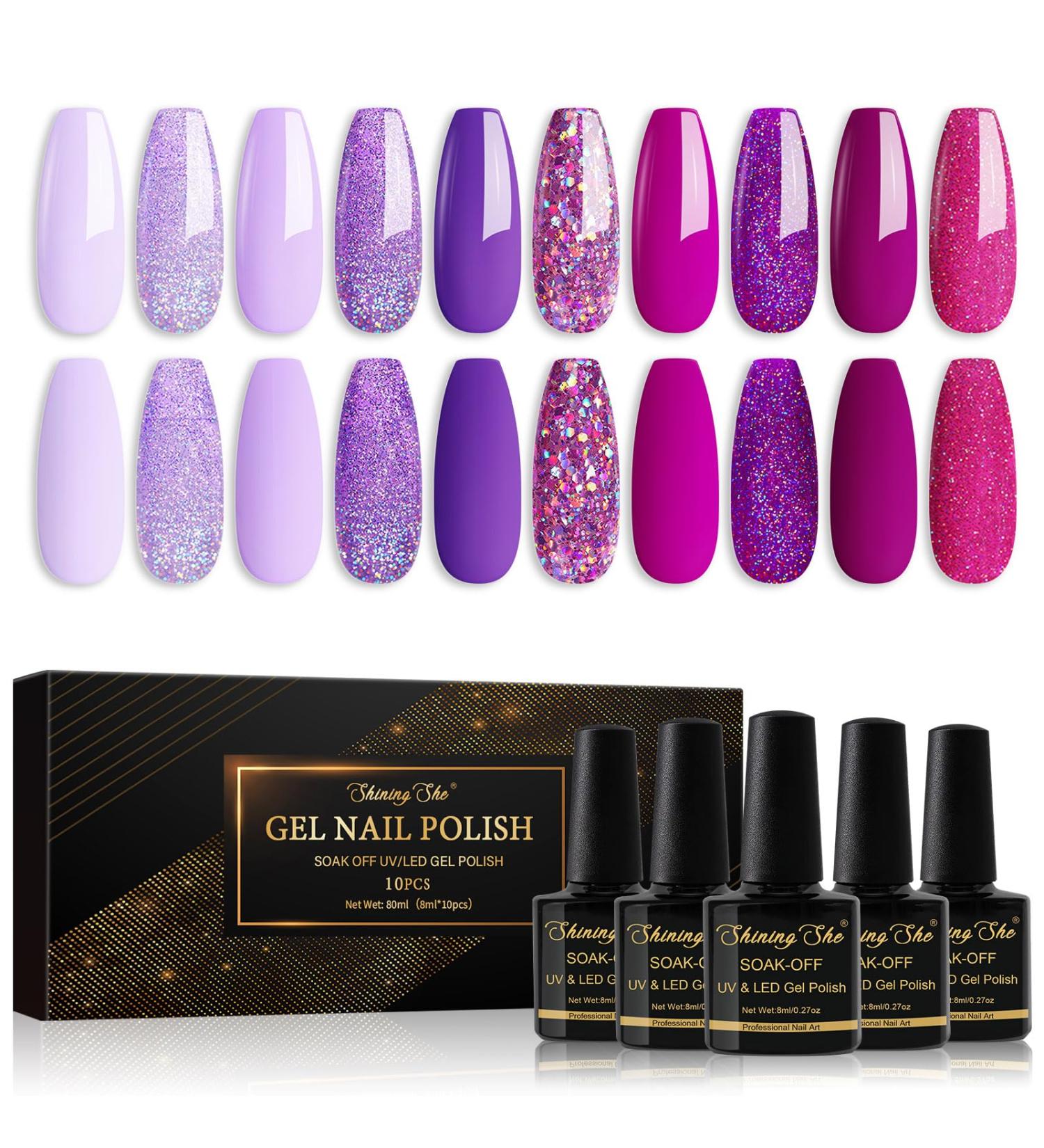 Shining She Gel Nail Polish Set - 10 Colors Purple Rose White Glitter Kit - Soak-Off UV/LED - 8ML - Ideal for Nail Art Salon & Home DIY - Buy Online on GoSupps.com