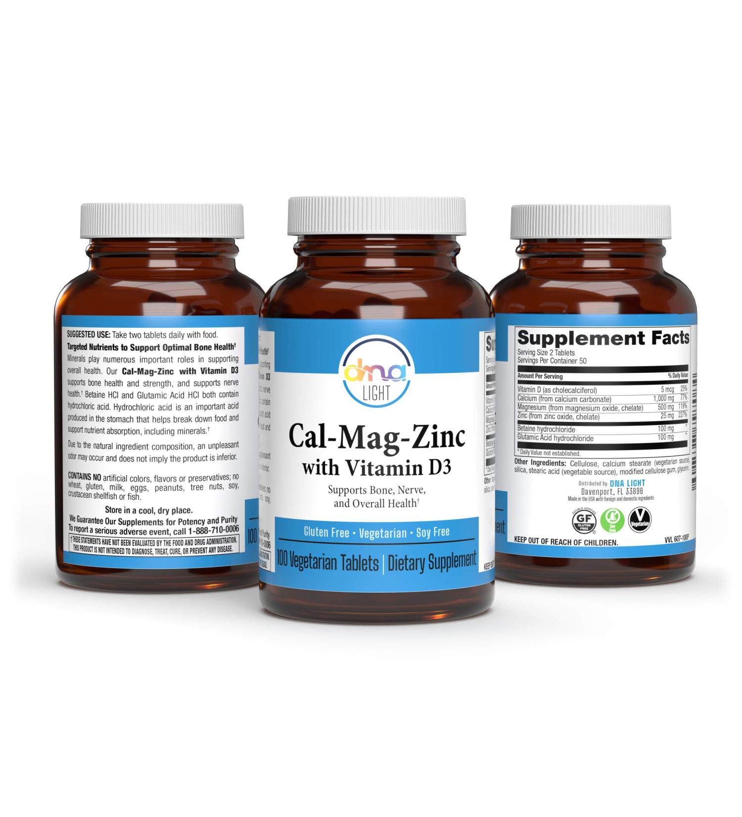 DNA Light Calcium Magnesium Zinc with Vitamin D3 - Bone Health & Muscle Relaxation - 100 Tabs - Vegetarian & Gluten Free - Buy Online on GoSupps.com