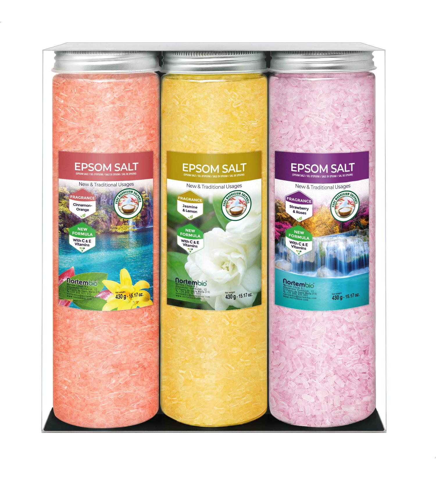 Nortembio Epsom Salt Set - Aromatherapy Trio (Cinnamon Jasmine Rose) | Hydrated with Vitamin C & E | 3 x 430g | E-book Included | Perfect for Floating Therapy - Buy Online on GoSupps.com