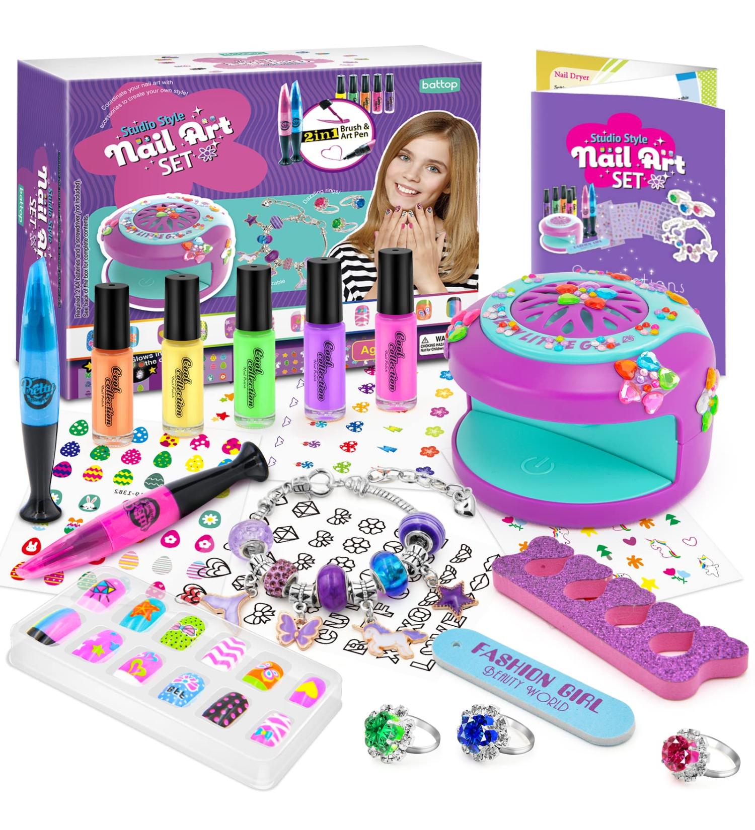 BATTOP Kids Nail Polish Kit for Girls Ages 7-12 - Nail Art Studio Set with Pen, Dryer, Sticker, Charm Bracelet, and Ring - Fun Girly Gifts - Buy Online on GoSupps.com