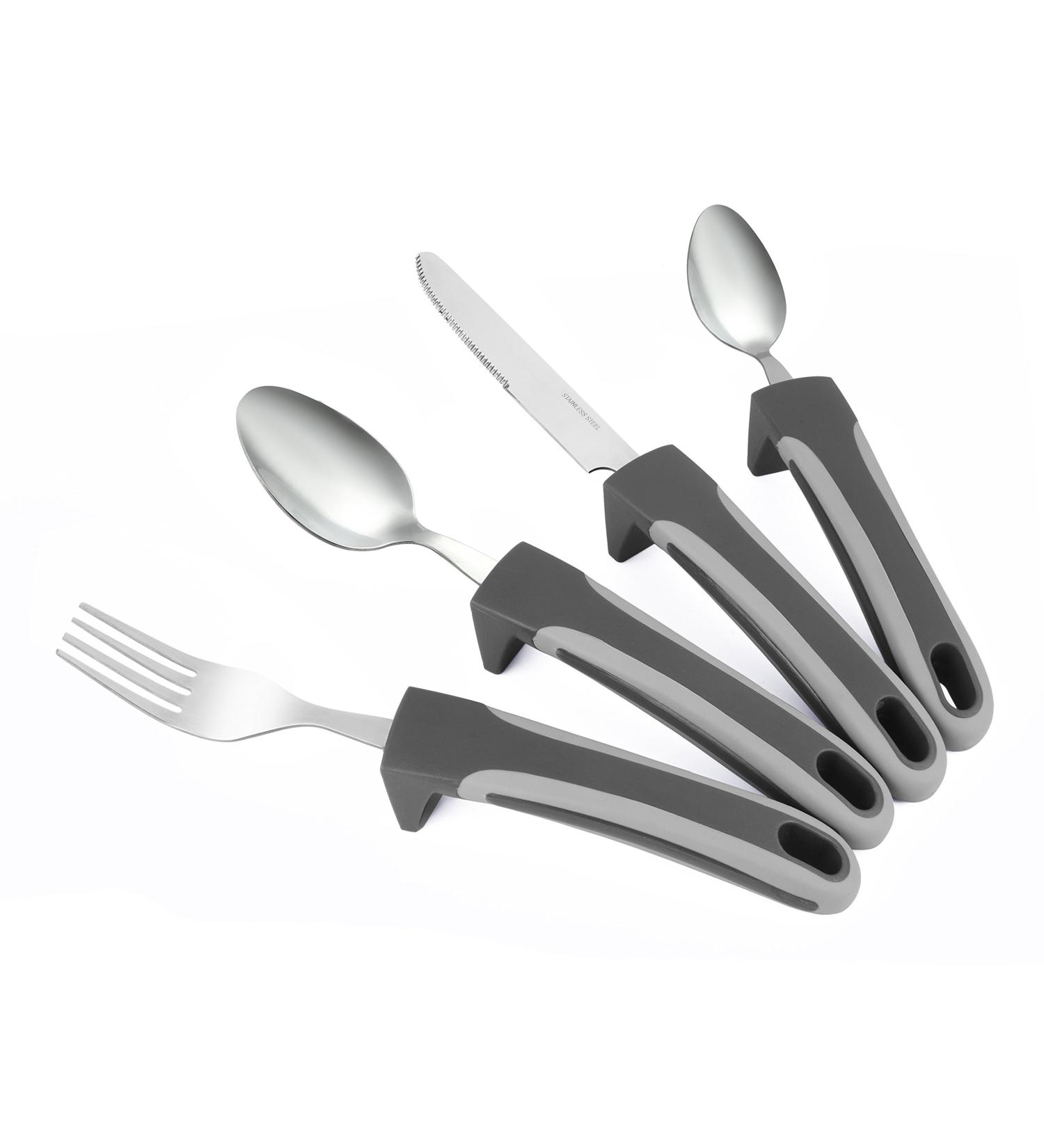 Special Supplies Adaptive Utensils (4-Piece Kitchen Set) Wide  Weighted  Non-Slip Handles for Hand Tremors  Arthritis  Parkinsons or Elderly Use  Stainless Steel Knife  Fork  Spoons (Gray Striped) - Buy Online on GoSupps.com