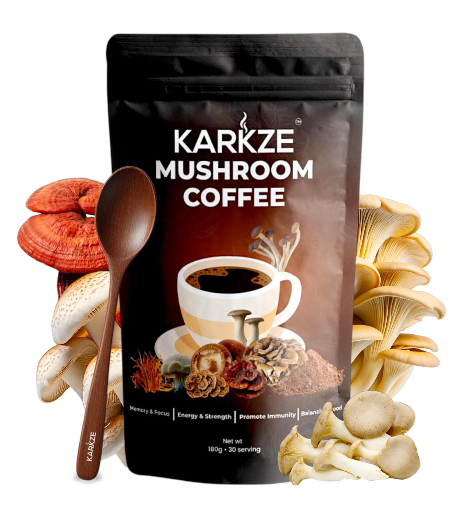 KARKZE Instant Mushroom Coffee 7 Adaptogenic Mushrooms Including Lions Mane Coffee Reishi Cordyceps Turkey Tail Focus Energy Immune & Gut Support L-Theanine Arabica Blend 30 Servings 6.35 oz - Buy Online on GoSupps.com