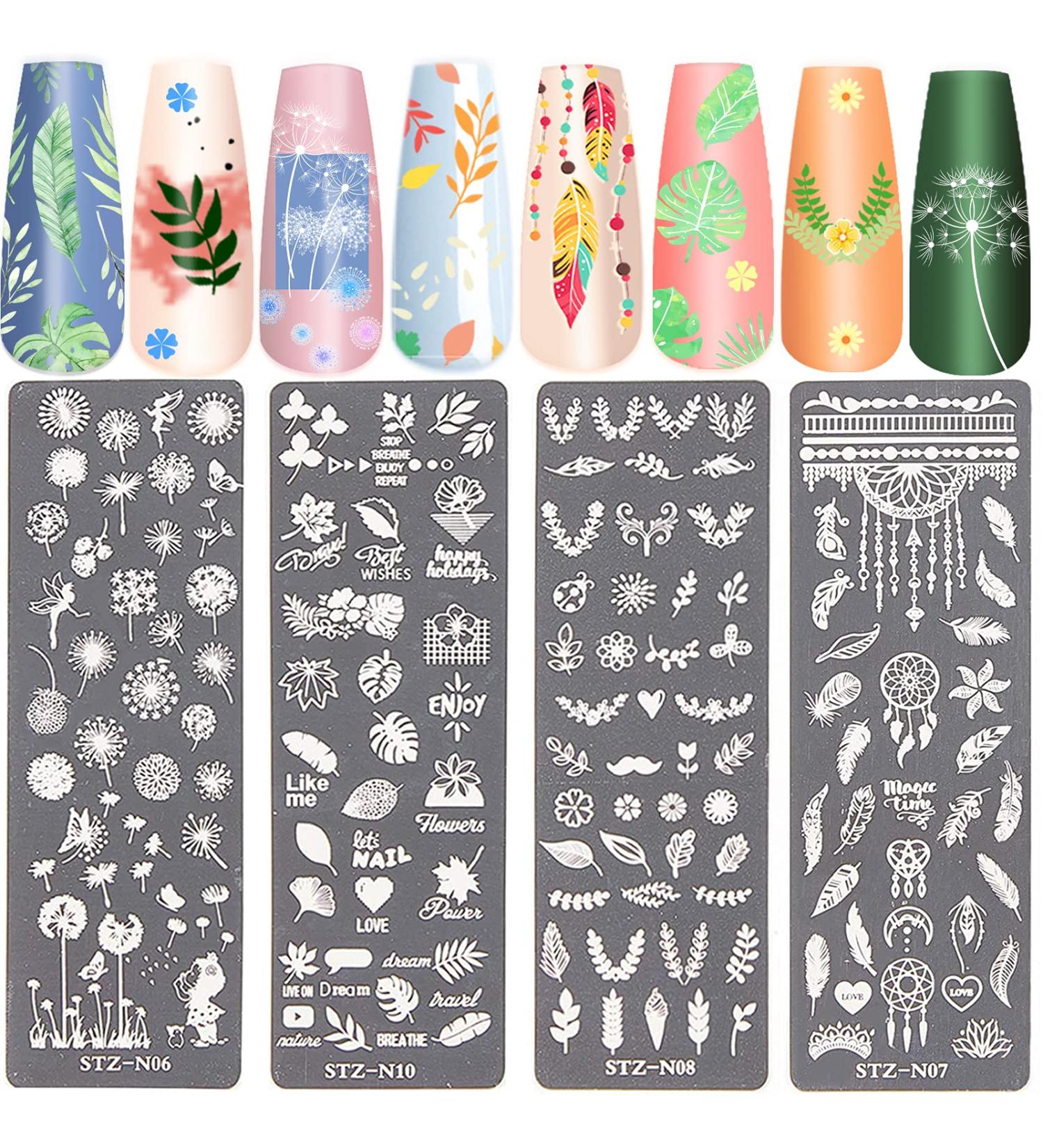 Nail Art Stamping Plates Set - Leaves, Dreamcatcher, Feather, Dandelion Image Templates - 4 Pcs - Buy Online on GoSupps.com