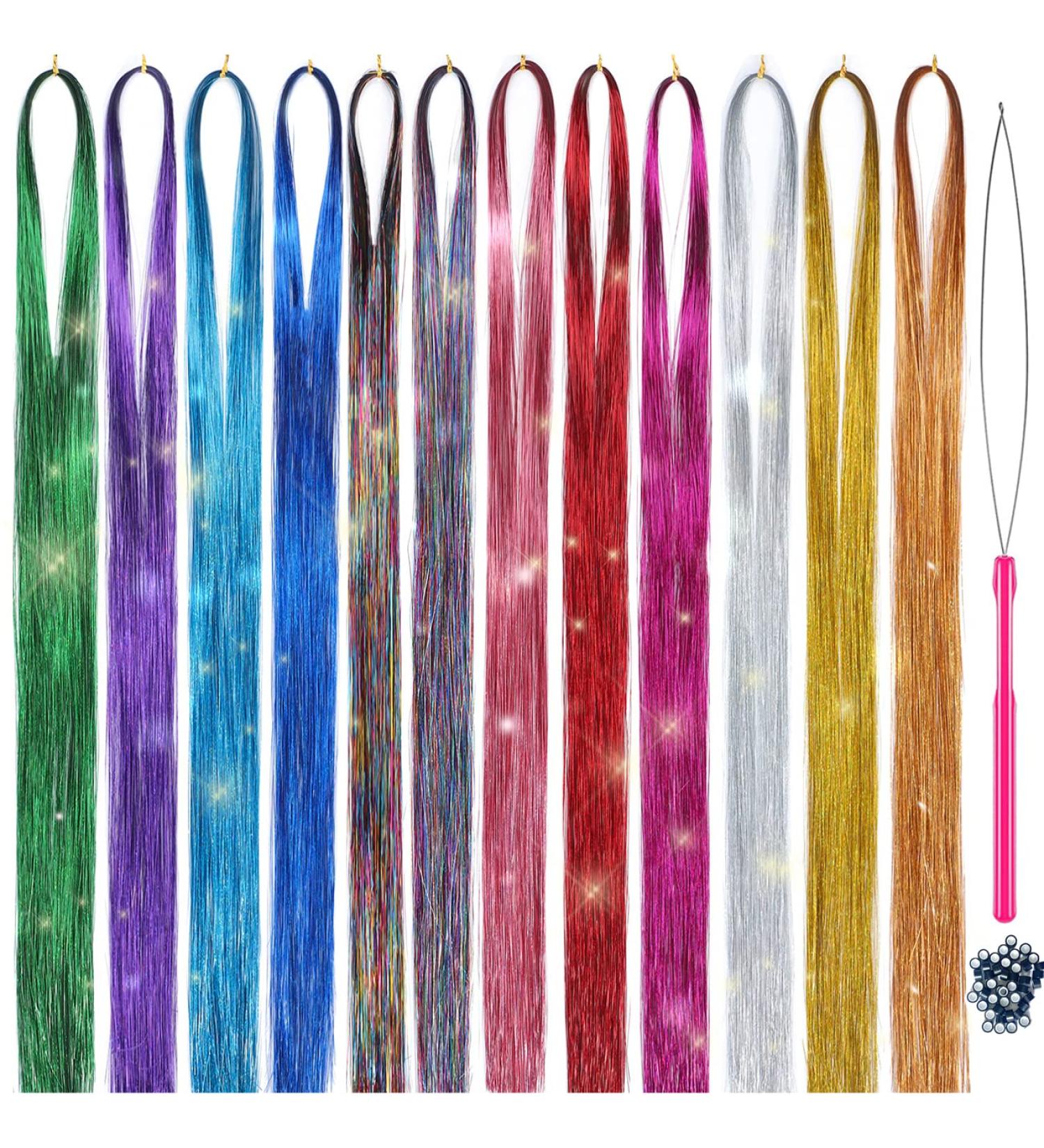Sparkling Hair Tinsel Kit - 2100 Strands, 47 Inch with Tool, 12 Colors - Perfect for Christmas Decorations - Hair Extensions for Women and Girls - Buy Online on GoSupps.com