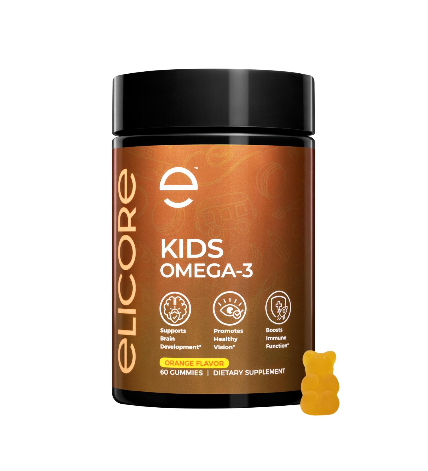 ELICORE Kids Omega 3 Gummies DHA & EPA Fish Oil Supplement for Brain, Vision & Immune Health - Non-GMO, Gluten-Free Orange Flavor Chewable Omega 3 for Kids Gummy 4+ - 60 Count - Buy Online on GoSupps.com