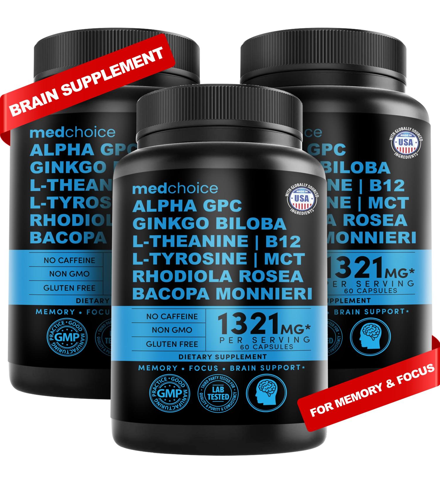 12-in-1 Nootropic Brain Supplement Anhydrous: Ginkgo Biloba for Brain Support, Memory and Focus - B12, Alpha GPC, L Theanine and Choline Supplements with Bioperine non Caffeinated 1321mg (180ct) 60 Count (Pack of 3) - Buy Online on GoSupps.com
