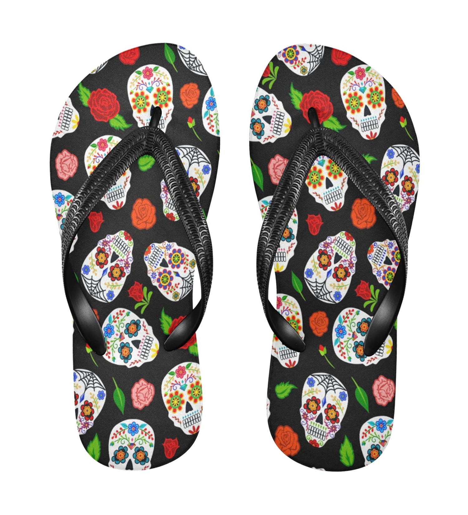 Mnsruu Day of the Dead Flip-Flops - Skull Motif Floral Design for Home Hotel Spa & Travel - Small Multi-Colored Footwear - Buy Online on GoSupps.com