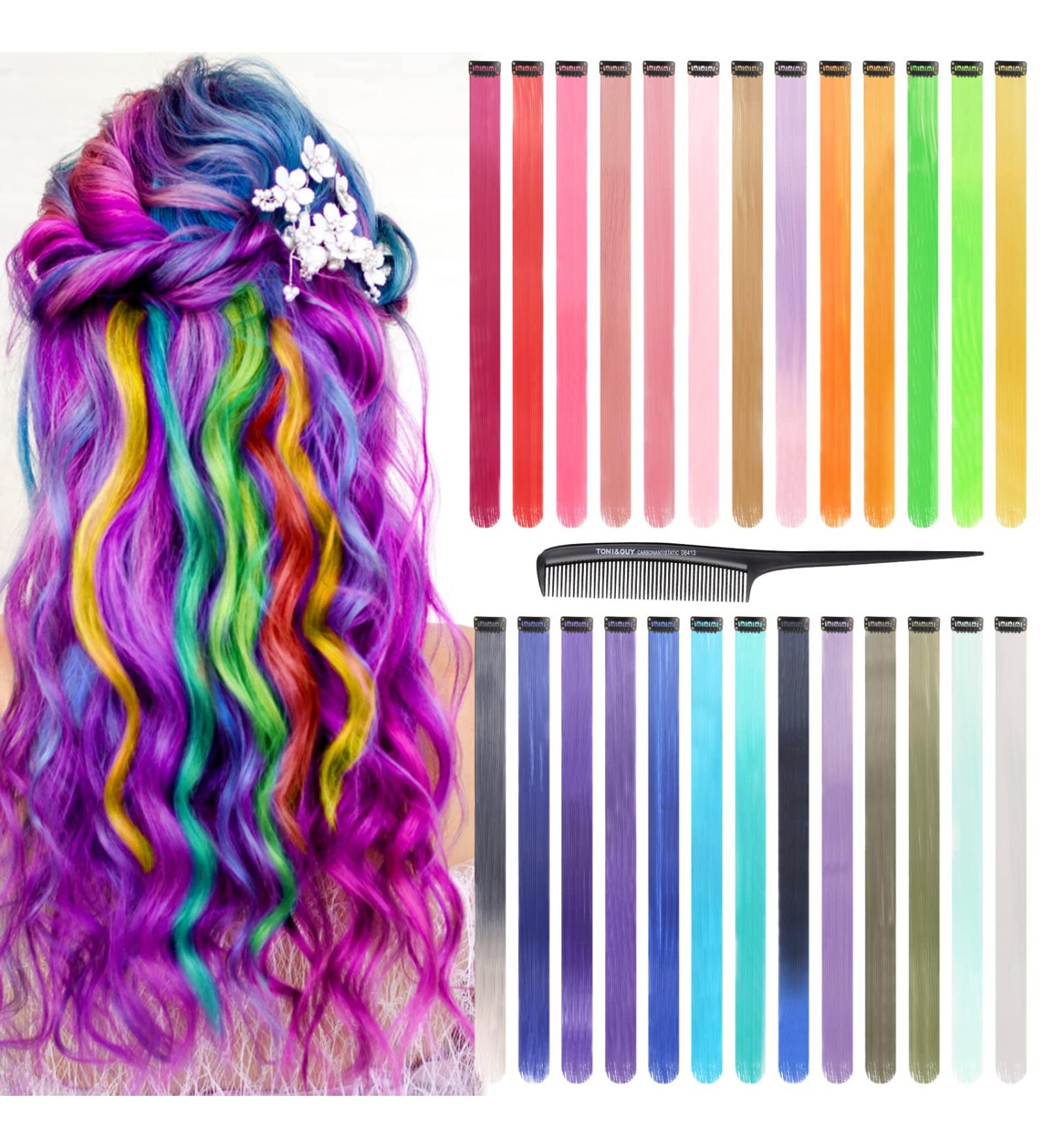 Comkrivy 27 Pieces Coloured Hair Extensions 26 Colours Clip-in Hair Strands with Comb 55 cm Straight Colourful Synthetic Hair Pieces for Women Kids Girls Party Highlights Festival Decoration - Buy Online on GoSupps.com