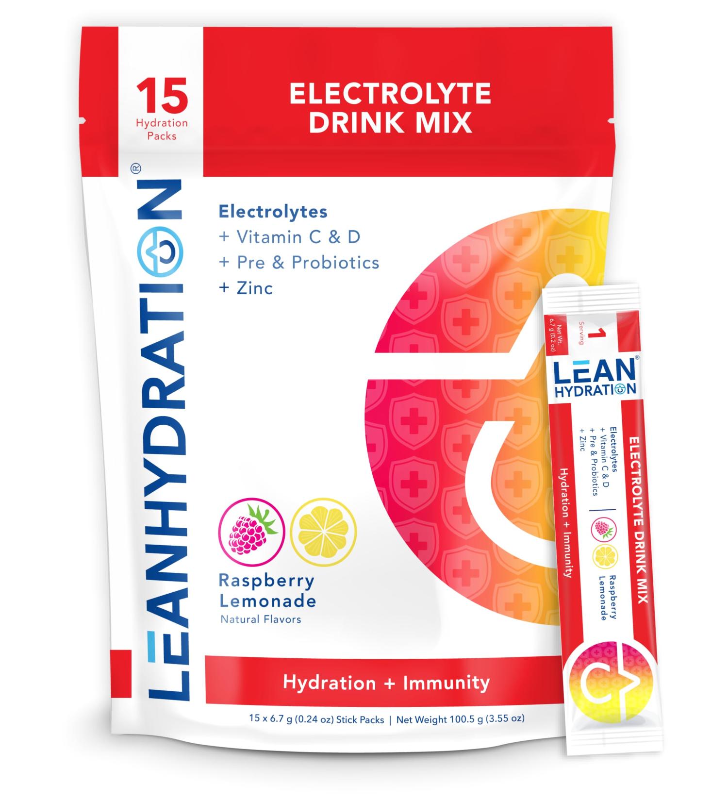 LEAN Hydration Natural Electrolyte Immune Formula - Boost Immunity and Stay Hydrated with Zero Sugar and No Artificial Flavors or Sweeteners 15 ct Packets (Raspberry Lemonade) - Buy Online on GoSupps.com
