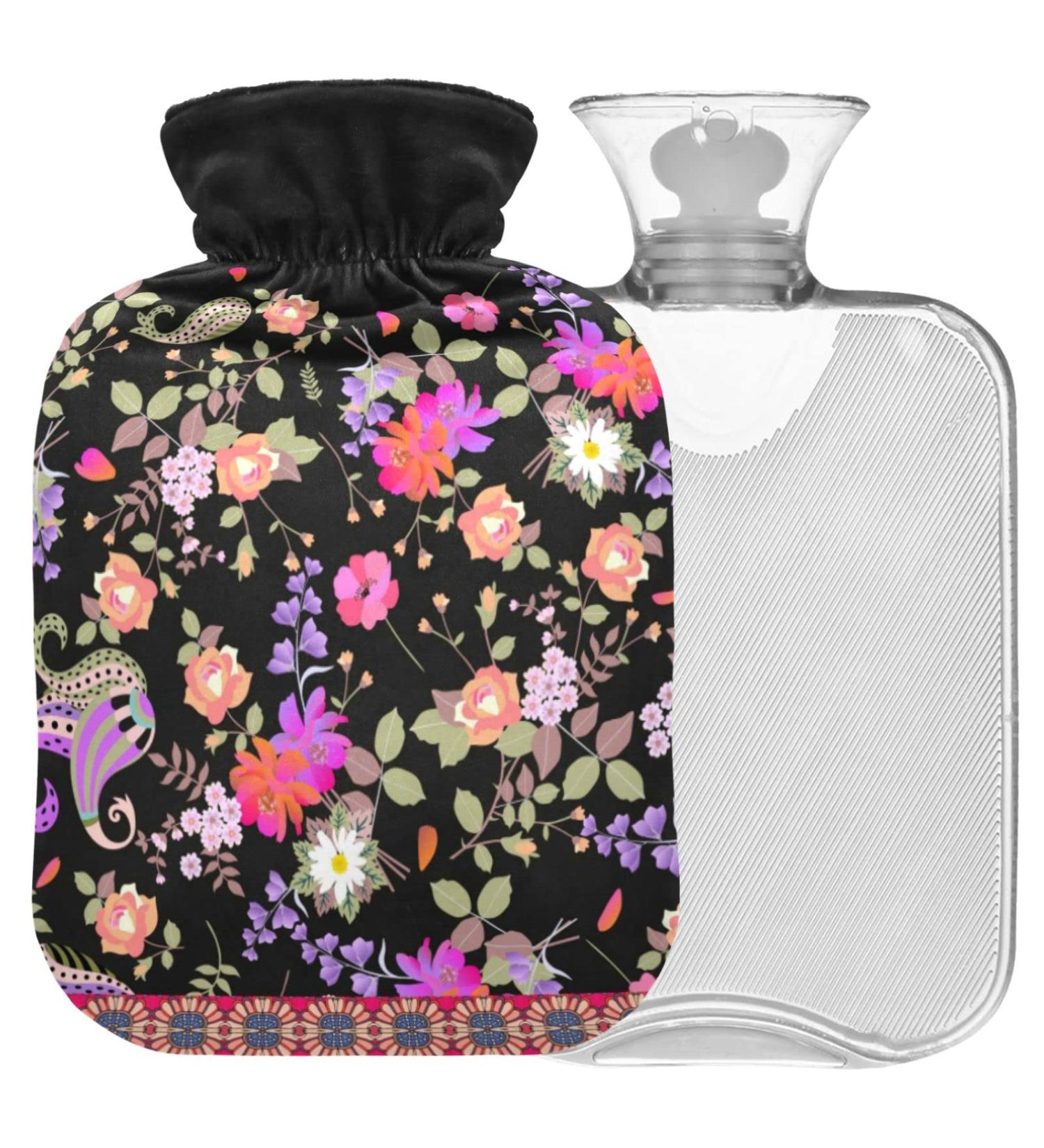 NAANLE Ethno Paisley Flowers Hot Water Bottle - 2L Transparent Bottle for Pain Relief & Heat Therapy - Ideal for Back Hand & Feet - Buy Online on GoSupps.com