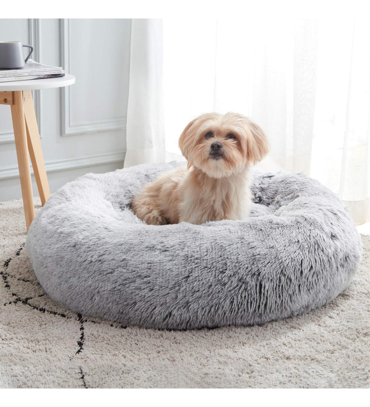 Calming Anti-Anxiety Donut Dog Bed & Cat Bed | Cozy Warming Round Bed for Small Medium Dogs & Cats | Fluffy Faux Fur Plush Cushion Bed in Light Grey (20/24/27/30) - Buy Online on GoSupps.com