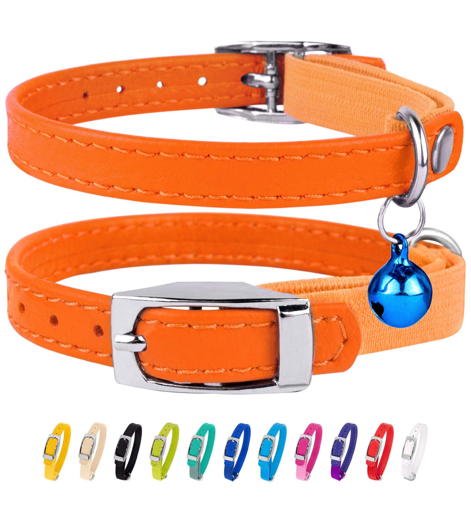 Collardirect Leather Cat Safety Collar with Elastic Belt & Bell | Adjustable 15-18 cm | Available in Black Blue Red Orange Green Pink | International Shipping - Buy Online on GoSupps.com