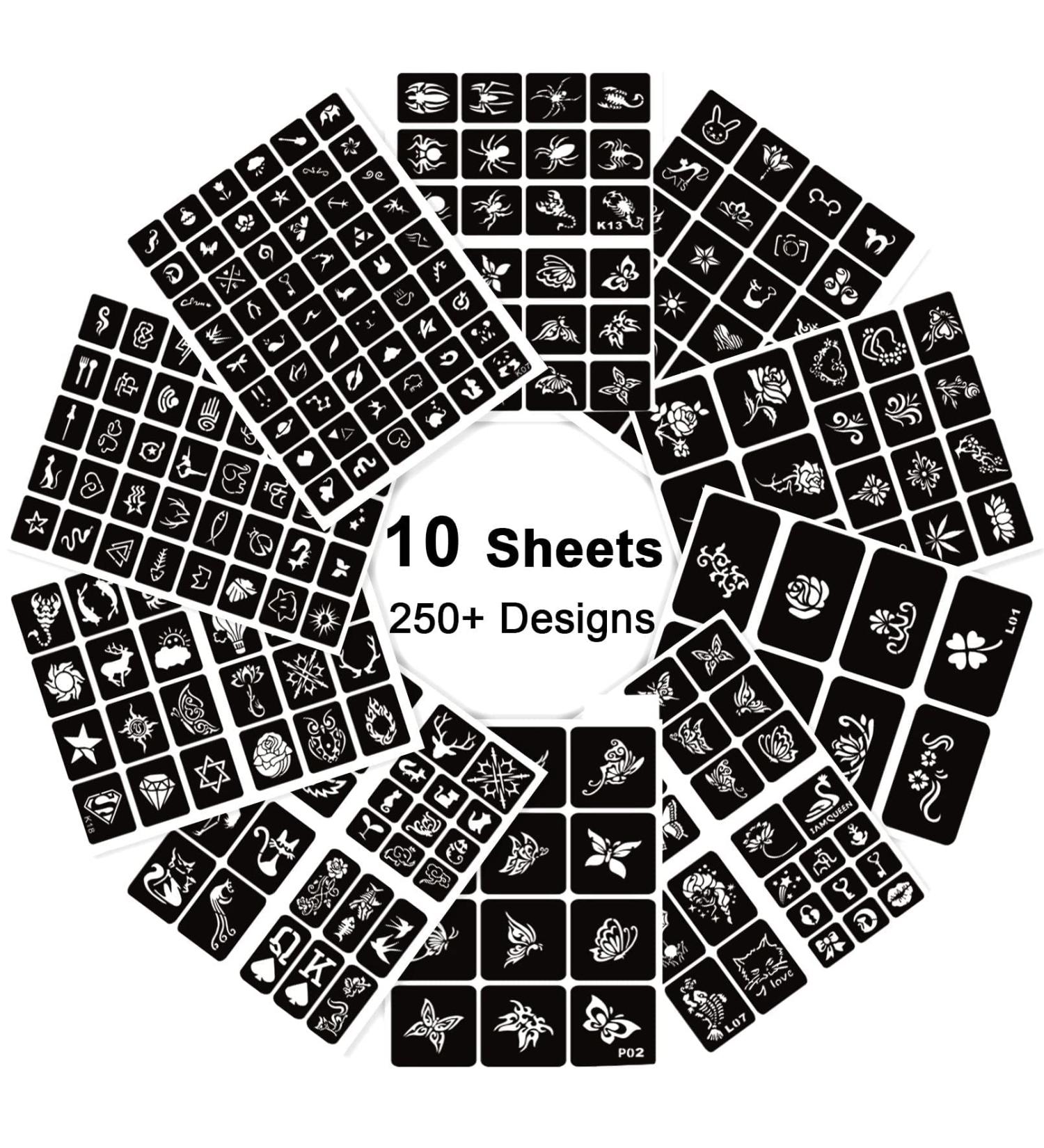 Henna Tattoo Stencils Kit - 10 Reusable Sheets for Women, Girls, and Kids | 200+ PCS Templates for Indian Arabian Glitter Airbrush Tattoos on Face & Body - Buy Online on GoSupps.com