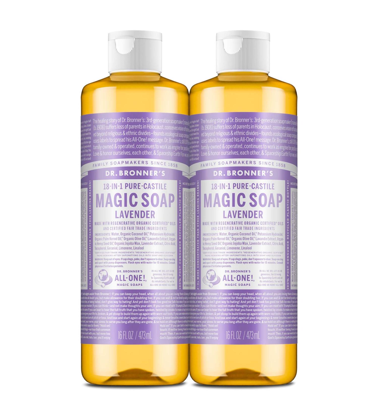 Dr. Bronner's Pure-Castile Magic Liquid Soap (Lavender 16 Ounce 2-Pack)- Made with Regenerative Organic Certified Oils 18-in1 Uses: Face Hair Hand & Body Soap Laundry Pets- Concentrated Vegan Lavender 16 Fl Oz (Pack  - Buy Online on GoSupps.com