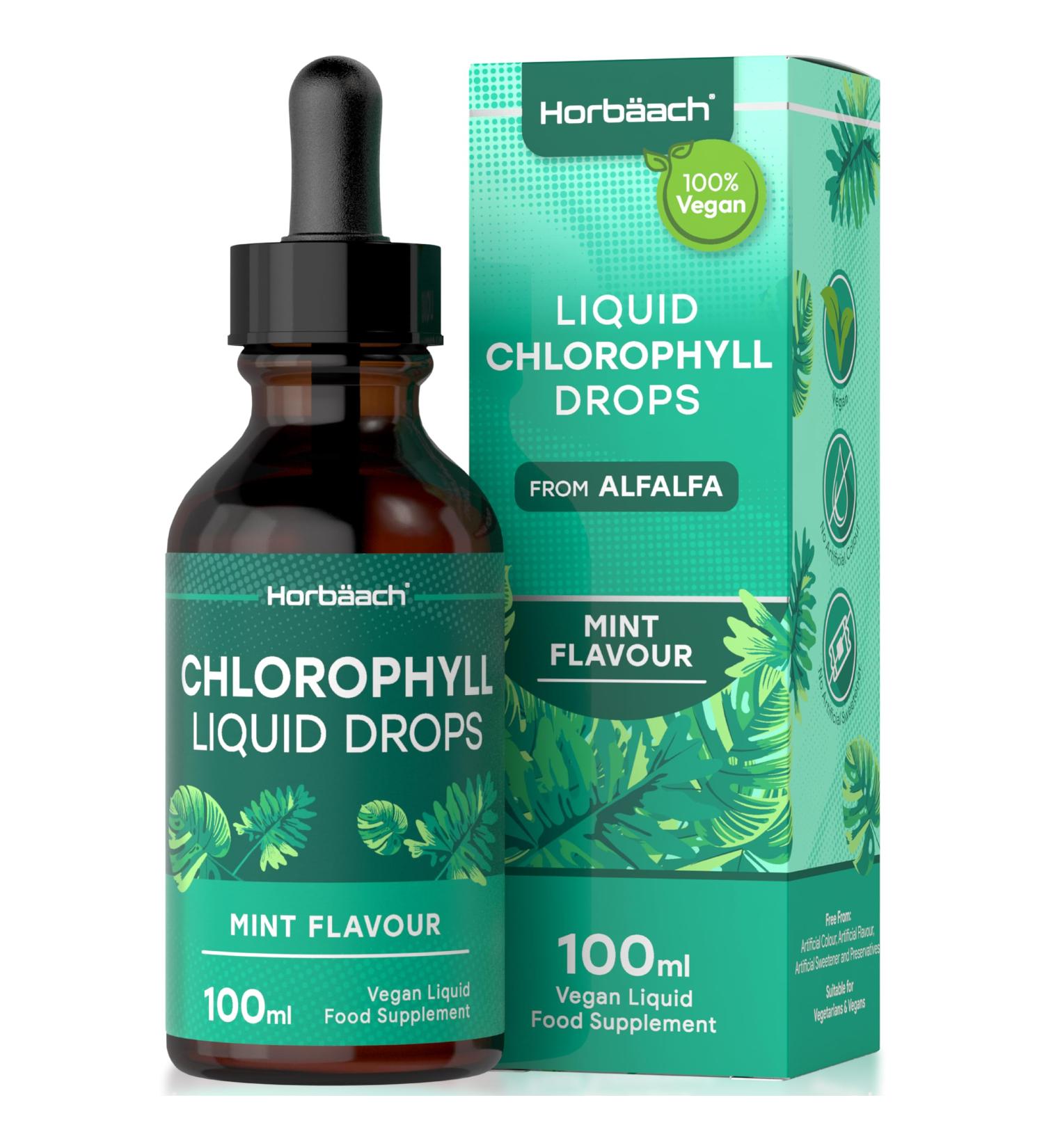 Liquid Chlorophyll Drops for Water | 100ml - 3+ Months Supply | Vegan Liquid Food Supplement Extracted from Alfalfa | Mint Flavour | by Horbaach - Buy Online on GoSupps.com