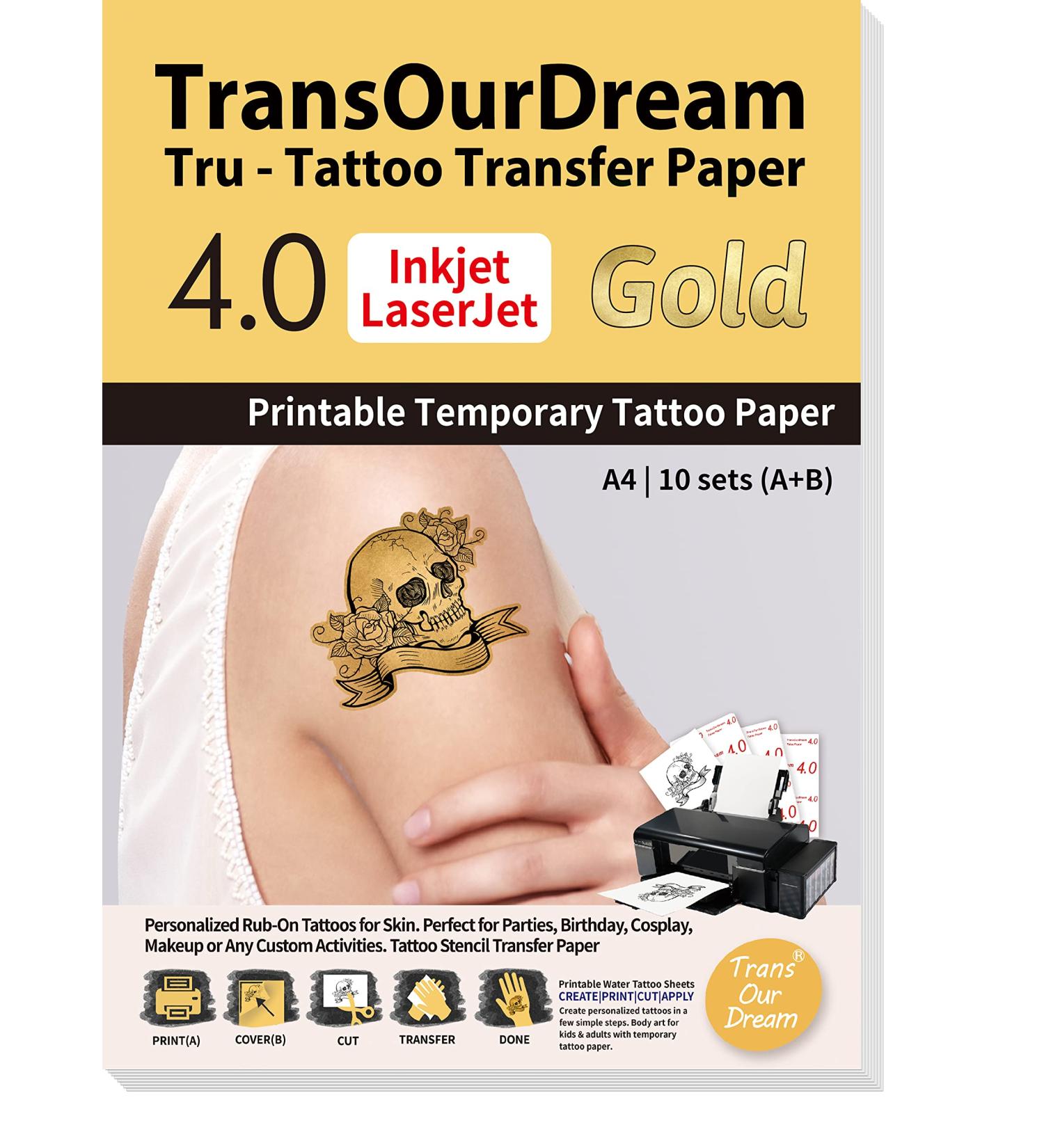 Gold Printable Temporary Tattoo Transfer Paper - 10 Sets A4 Size for Inkjet & Laser Printer - DIY Waterproof Tattoos for Skin - Buy Online on GoSupps.com