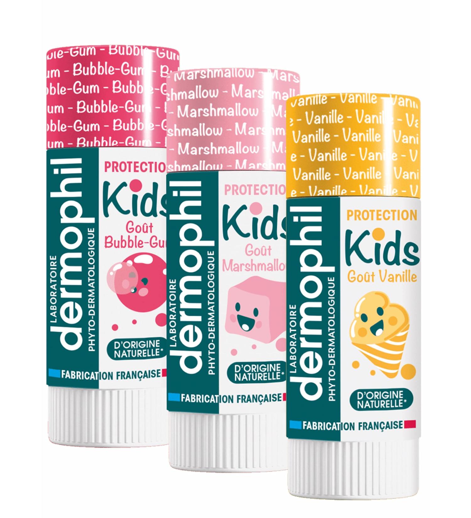 Buy Dermophil Dermokid S Stick Lips - Vanilla Marshmallow & Bubble Gum - International Shipping - 3 Sticks of 4g for Soft Moisturized Lips - Buy Online on GoSupps.com