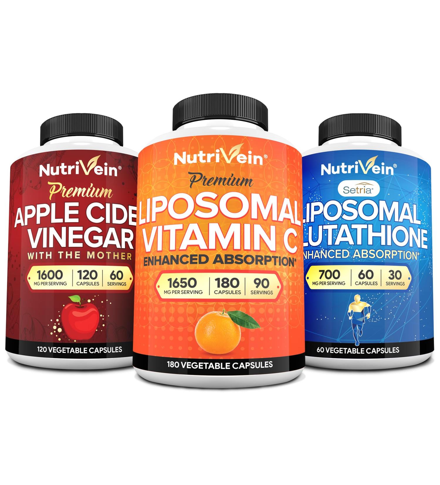 Nutrivein Premium Liposomal Glutathione, Apple Cider Vinegar Capsules, & Vitamin C Supplement Bundle: Vitamin C, ACV Capsules, & Glutathione Supplement Bundle for Cellular Defense & Detox - Buy Online on GoSupps.com