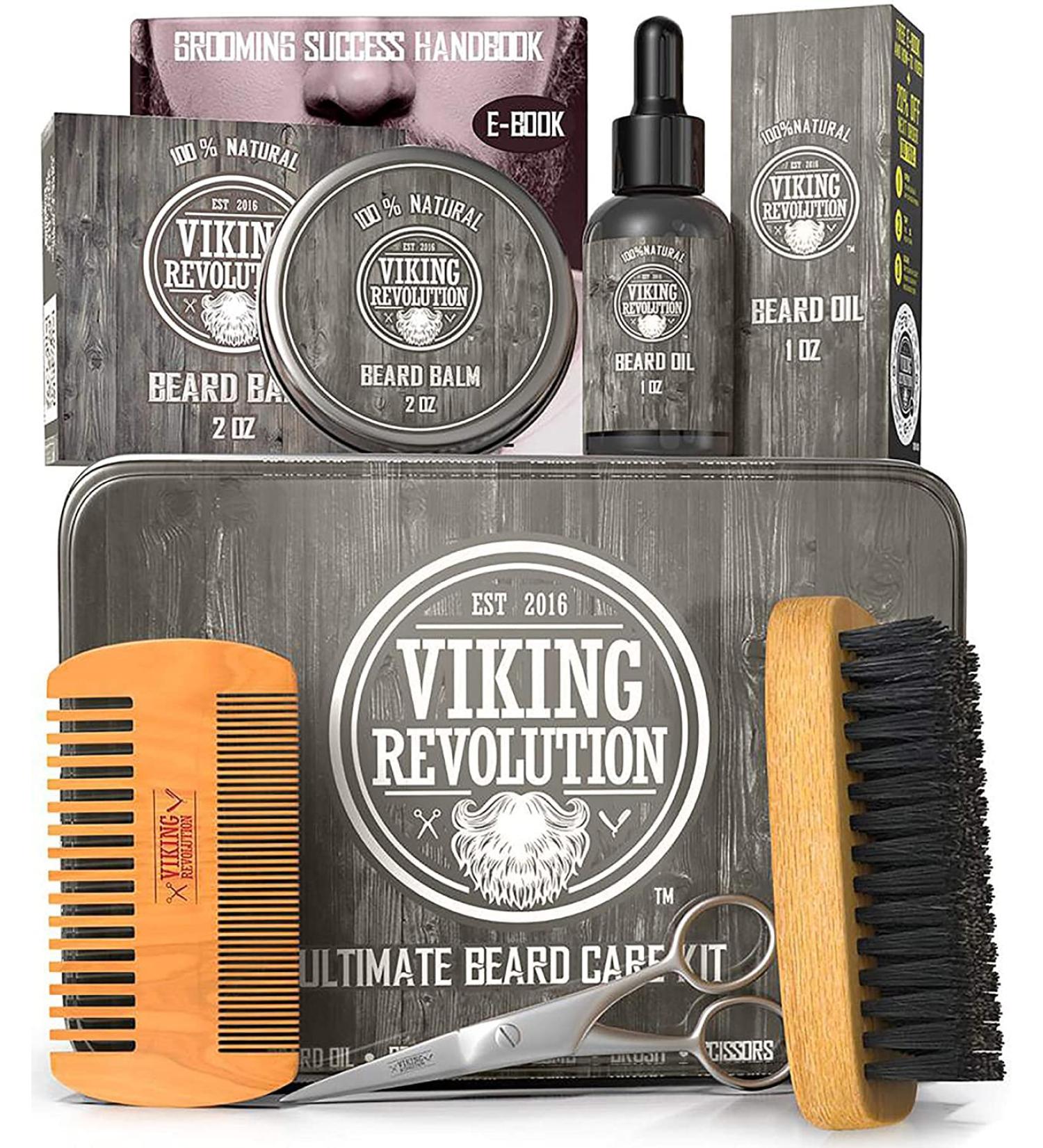 Viking Revolution Beard Care Kit for Men - Ultimate Grooming Set with Boar Brush, Wooden Comb, Balm, Oil, Scissors in Metal Box - Buy Online on GoSupps.com