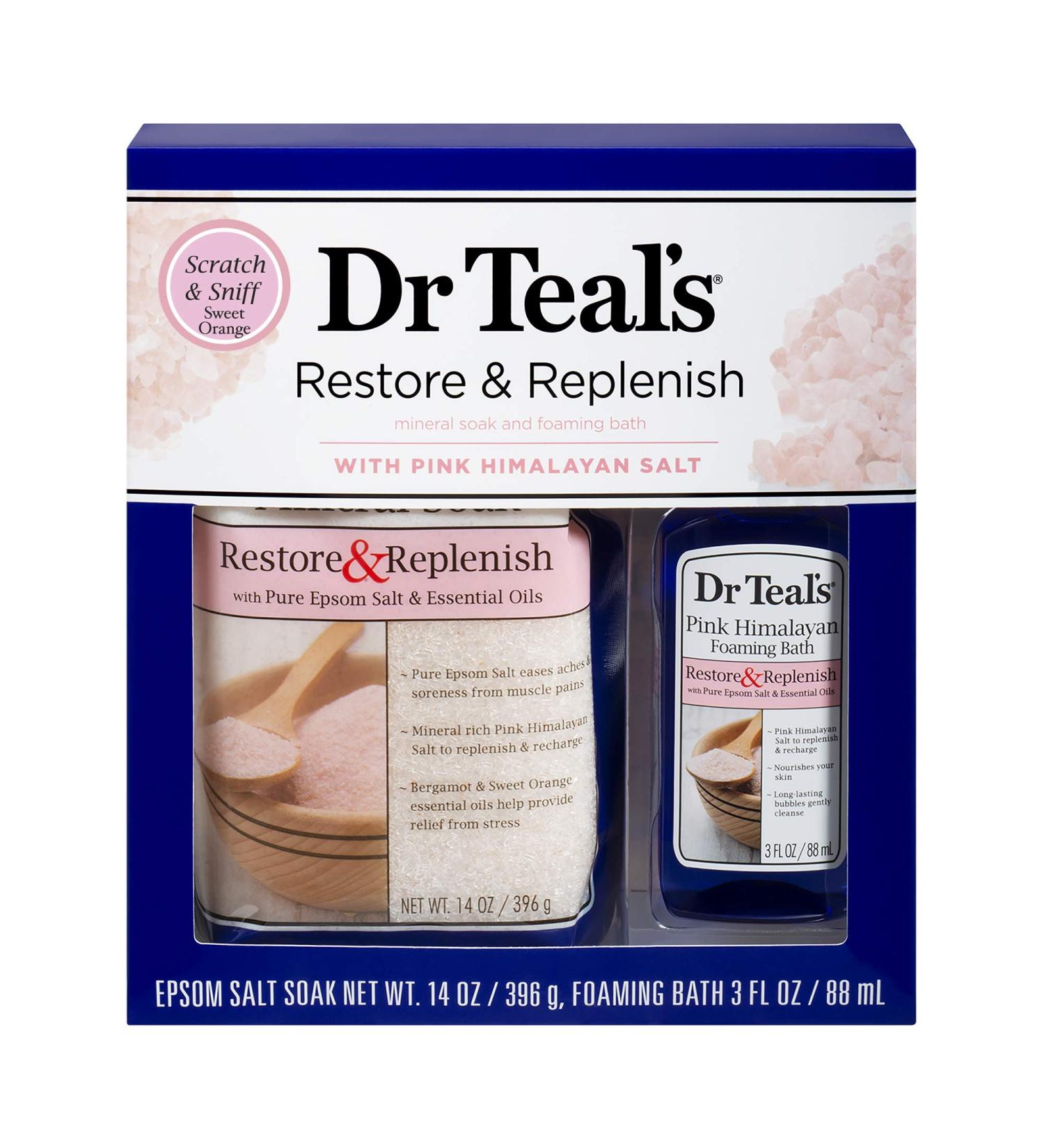 Dr Teal's Pink Himalayan Epsom Salt & Foaming Bath Oil Sampler Gift Set 2020 - Give The Gift of Restoration & Replenishment! - 14 oz Bag of Pink Himalayan Bath Salts & 3 oz Bottle of Foaming Bath Oil
