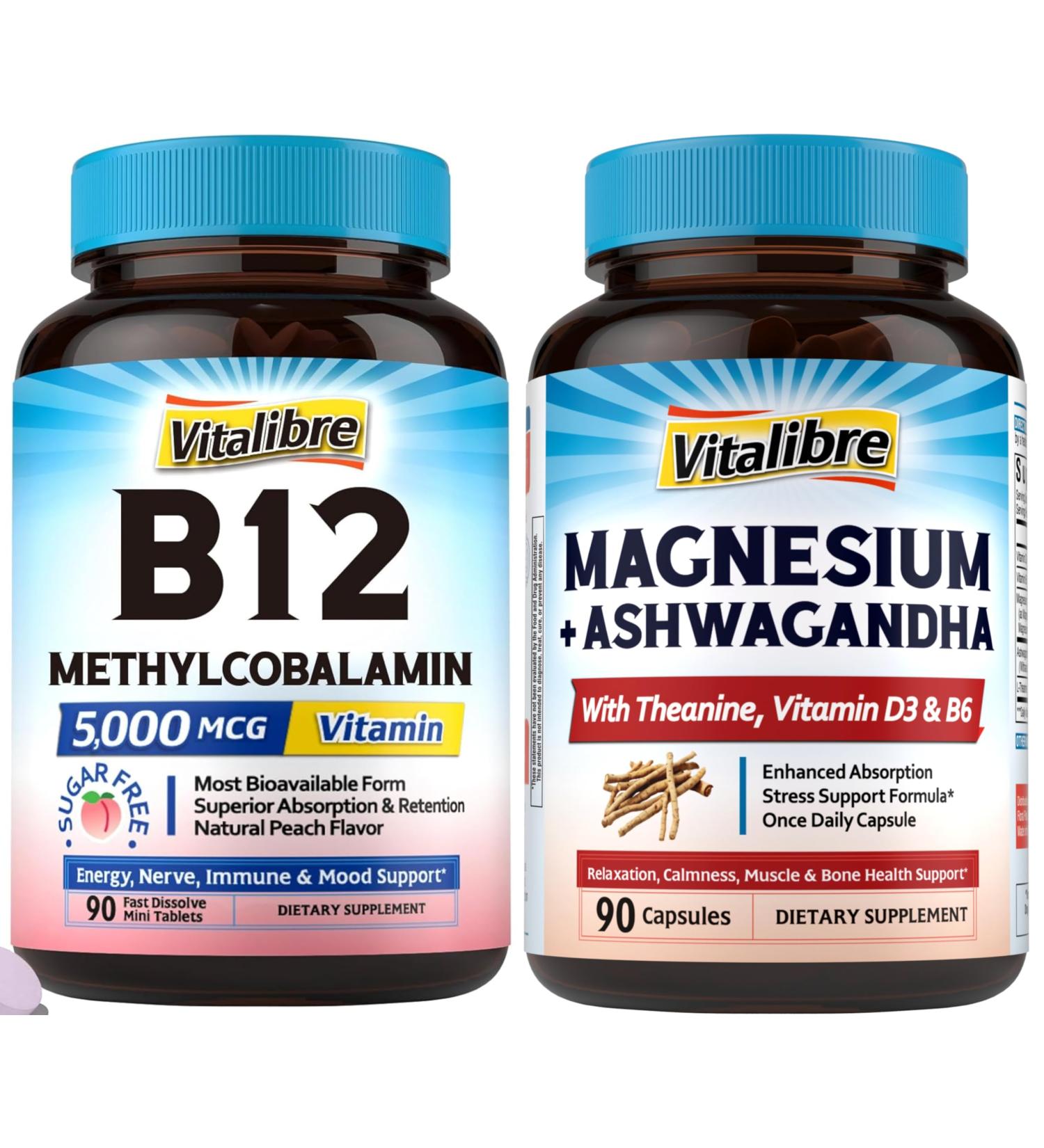 Vitalibre Vitamin B12 Sublingual 5000 mcg 90 Tablets Magnesium Ashwagandha Complex 90 Capsules - Buy Online on GoSupps.com