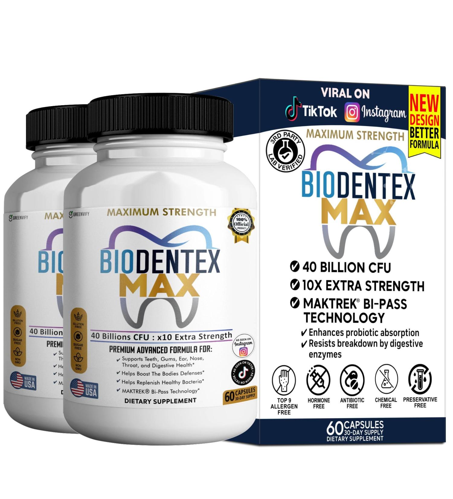 GREENVIFY BioDentex Max Maximum Strength Probiotic Supplement 40 Billion CFU 60 Capsules with MAKTREK Bi-Pass Technology for Digestive Health Support (2) - Buy Online on GoSupps.com