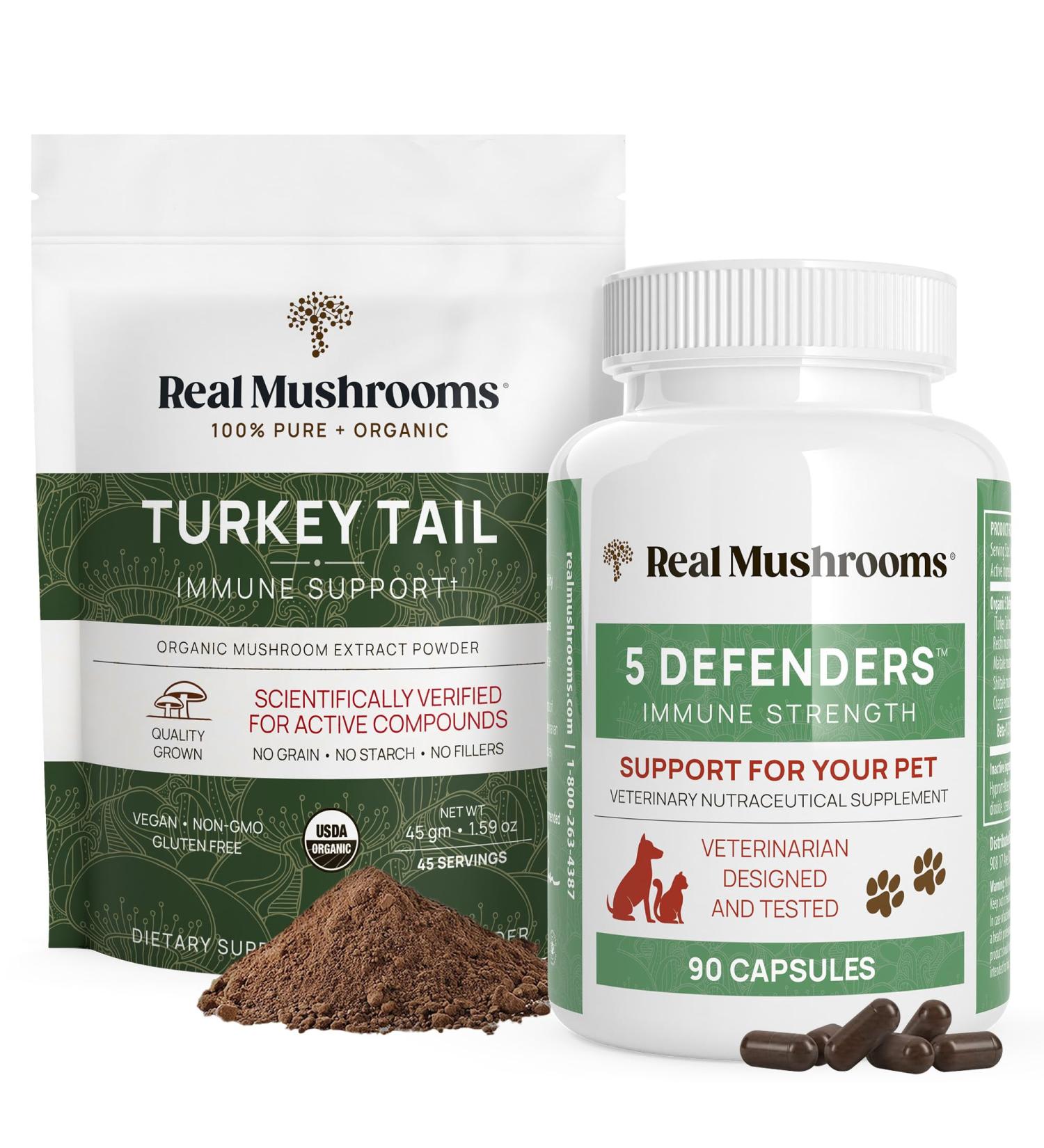 Real Mushrooms Turkey Tail Powder for Humans (45 Servings) & Turkey Tail for Pets (90ct) - Powder & Capsules Bundle for Immune Support - Vegan Non-GMO Grain-Free Gluten-Free - Buy Online on GoSupps.com