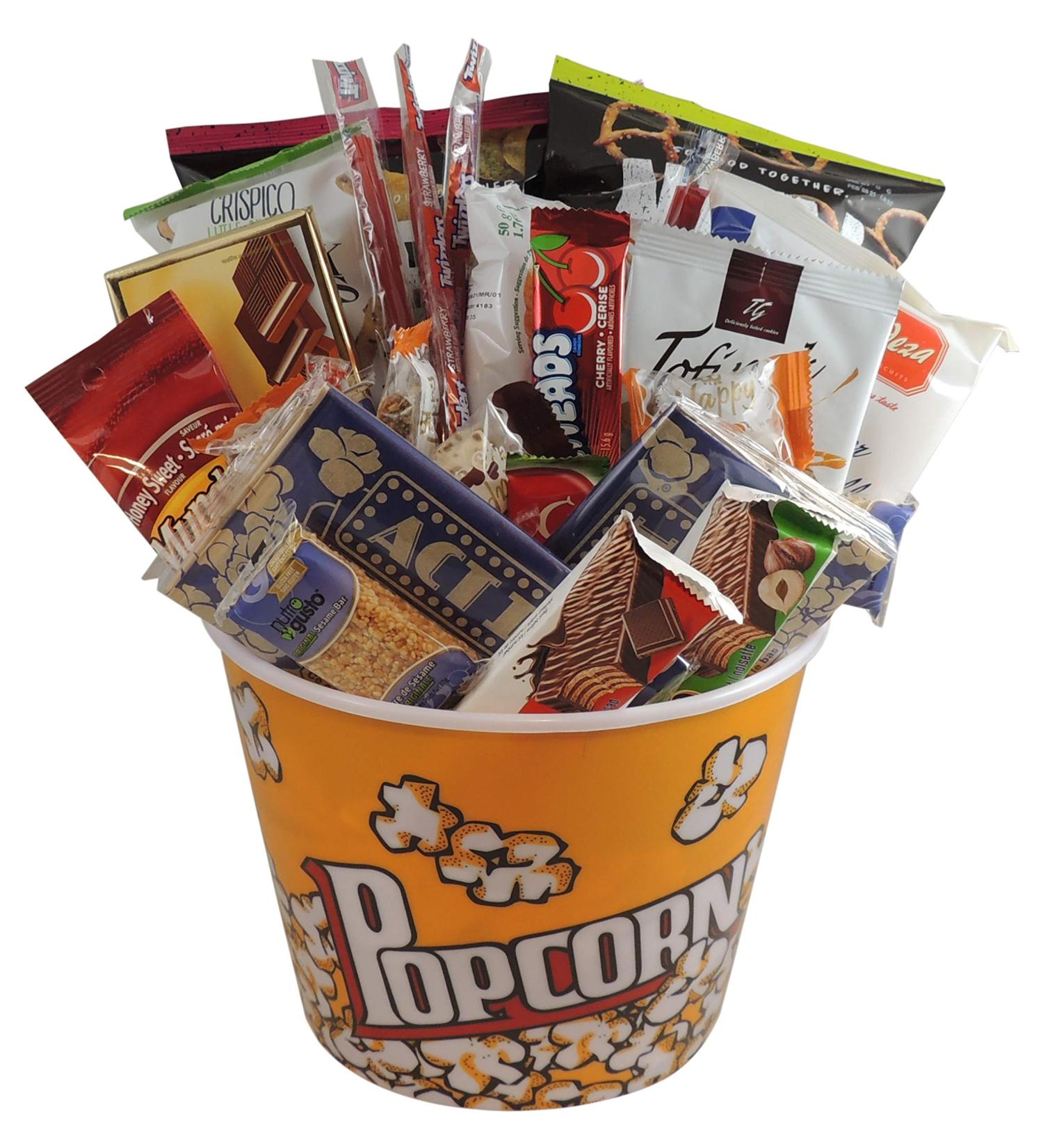 Movie Night Gift Basket: Snack Attack - Large Reusable Popcorn Bowl: Munchies Chocolate Nuts and More