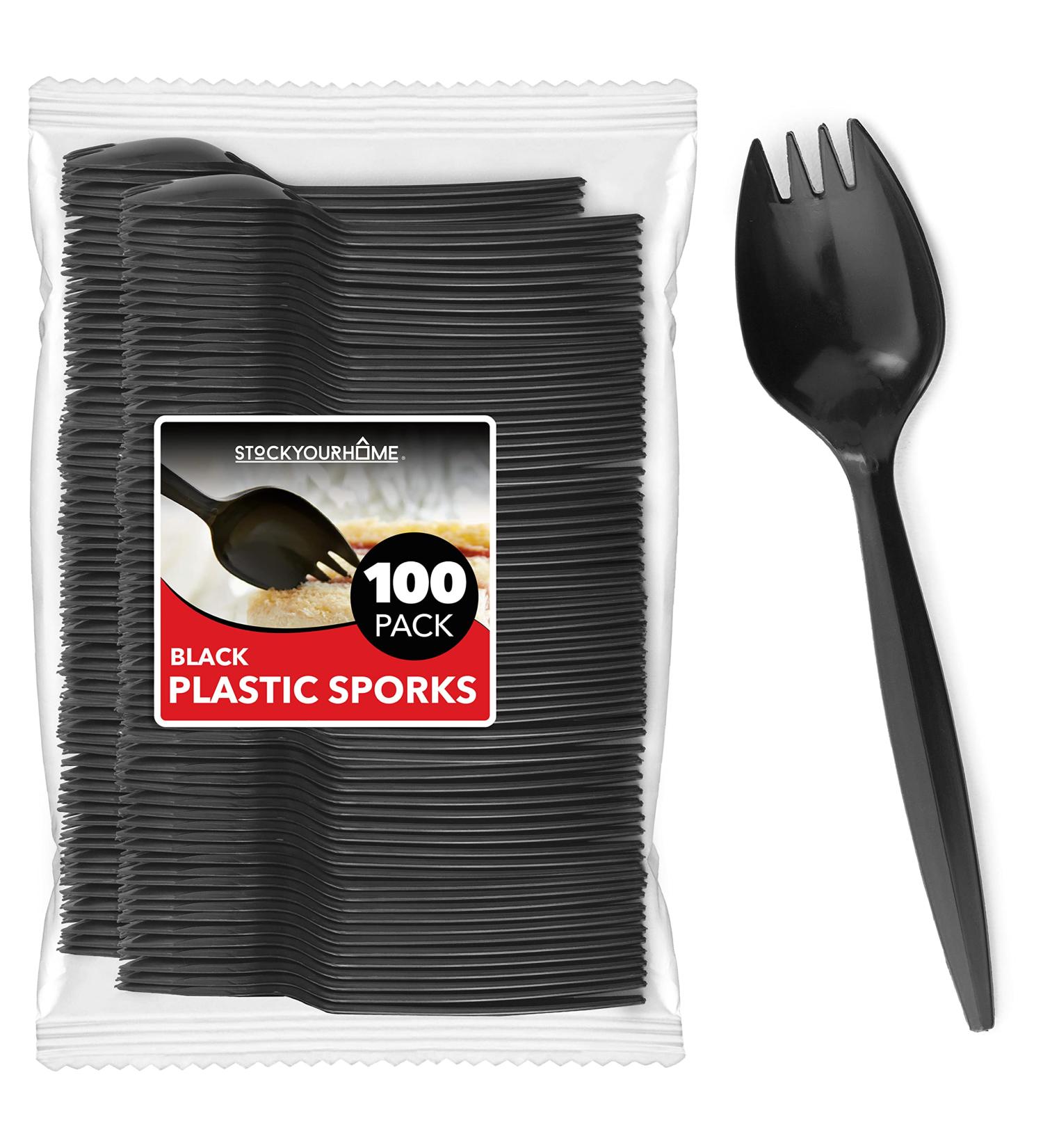 100 Pack Disposable Sporks - Black Plastic, BPA Free, Heavy Weight Fork Spoon for School Lunch, Picnics, Catering - Stock Your Home - Buy Online on GoSupps.com