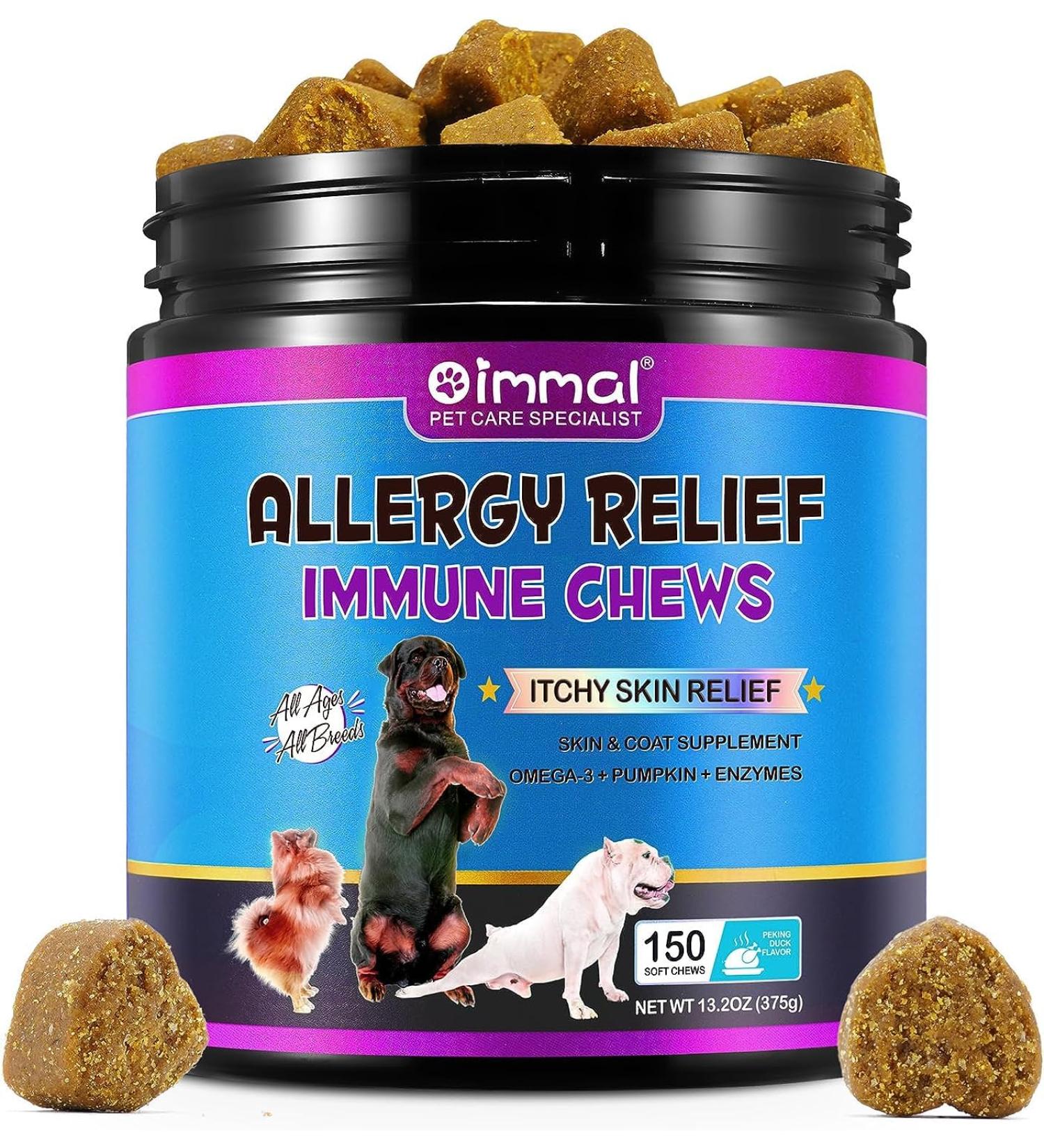 WIZCO Itch and Immunity Treats for Dogs Dog Allergy Relief Itchy Dog Skin Relief Anti Itch for Dogs Skin& Coat Healthier for All Breeds and Sizes 150 Chews Peking Duck Flavor - Buy Online on GoSupps.com