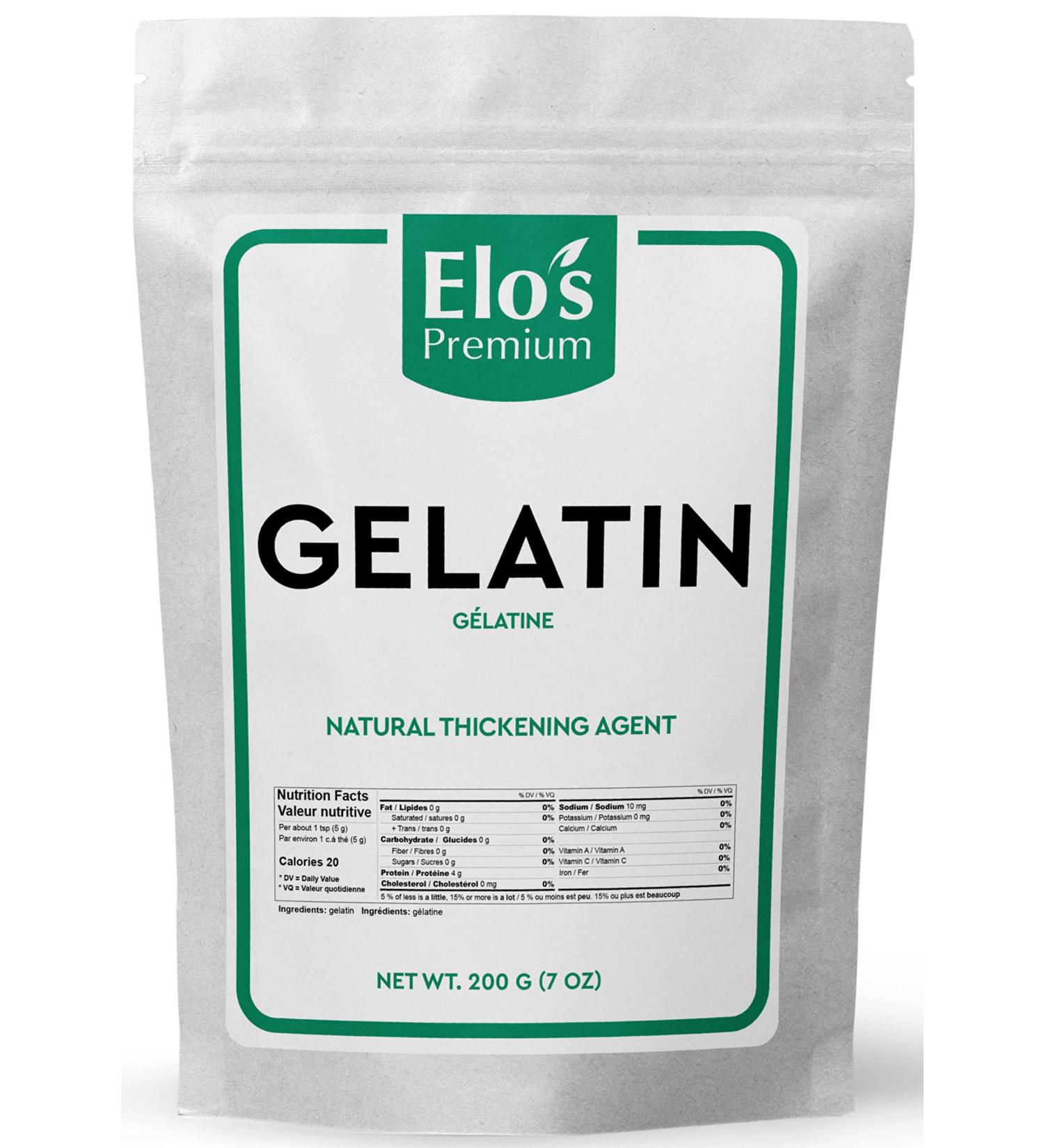 Gelatin (200g) by Elo s Premium |100% All-Natural Food Grade Powder Unflavored Thickener| Packaged In Canada| Used As Thickener Stabilizer Texturiser| Non-GMO Gluten Free| Make Yogurt Fruit Gelatins Puddings and more - Buy Online on GoSupps.com