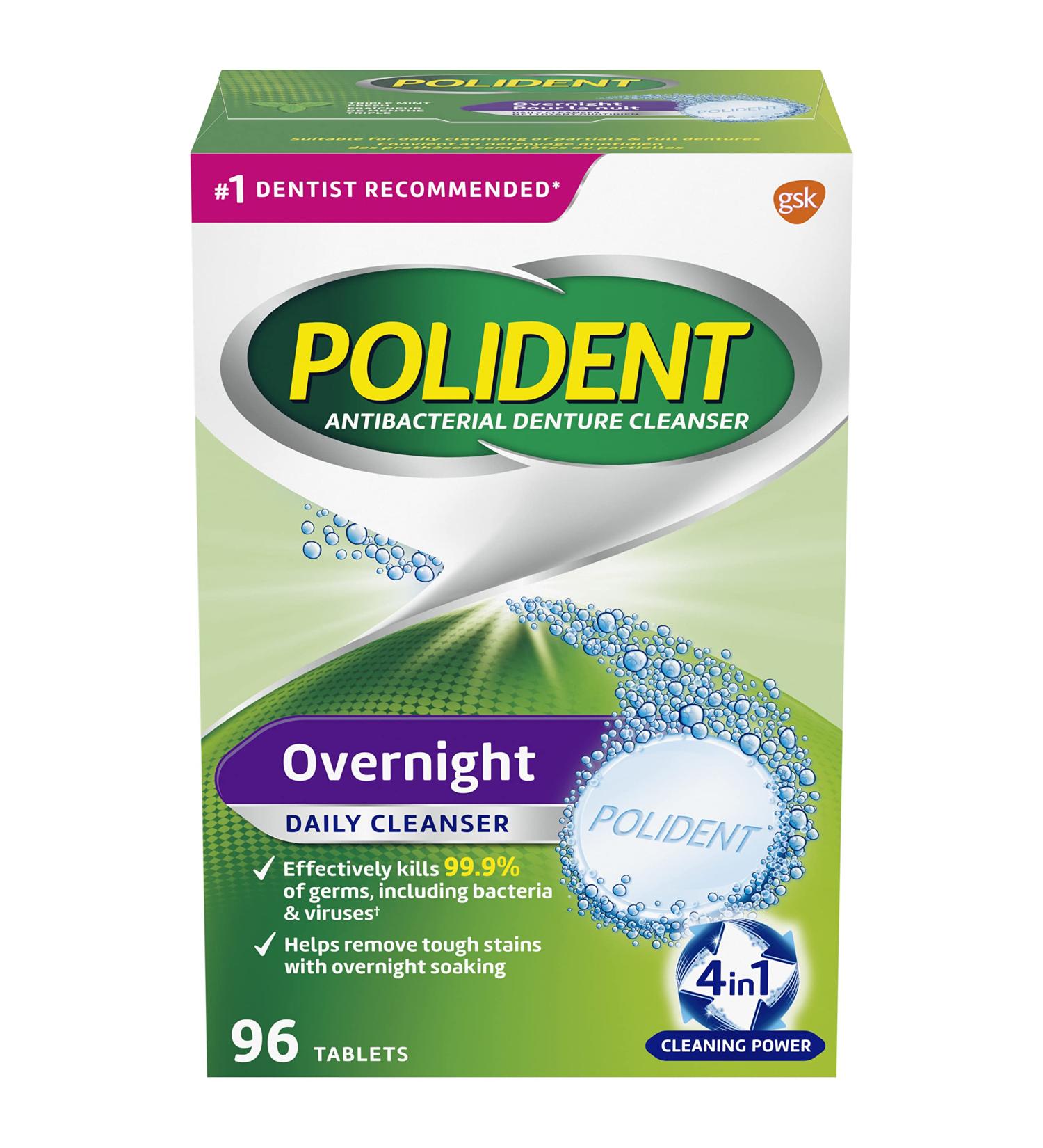 Polident Overnight Daily Denture Cleanser 4 in 1 Cleaning System Stain and Plaque Remover Triple Mint Fresh 96 Tablets (Packaging May Vary) - Buy Online on GoSupps.com