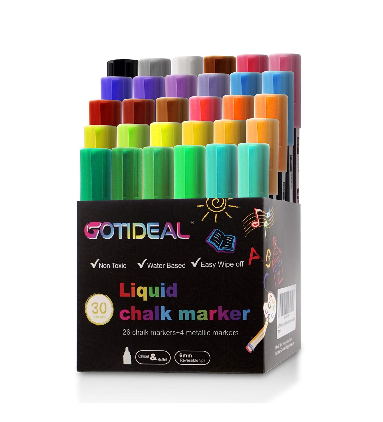 GOTIDEAL 30 Color Liquid Chalk Markers Set with Metallic Colors - For Kids, Adults, Bistro & Restaurant Use - Reversible Tip - Wet Erase - Premium Window Chalkboard Neon Pens - Buy Online on GoSupps.com
