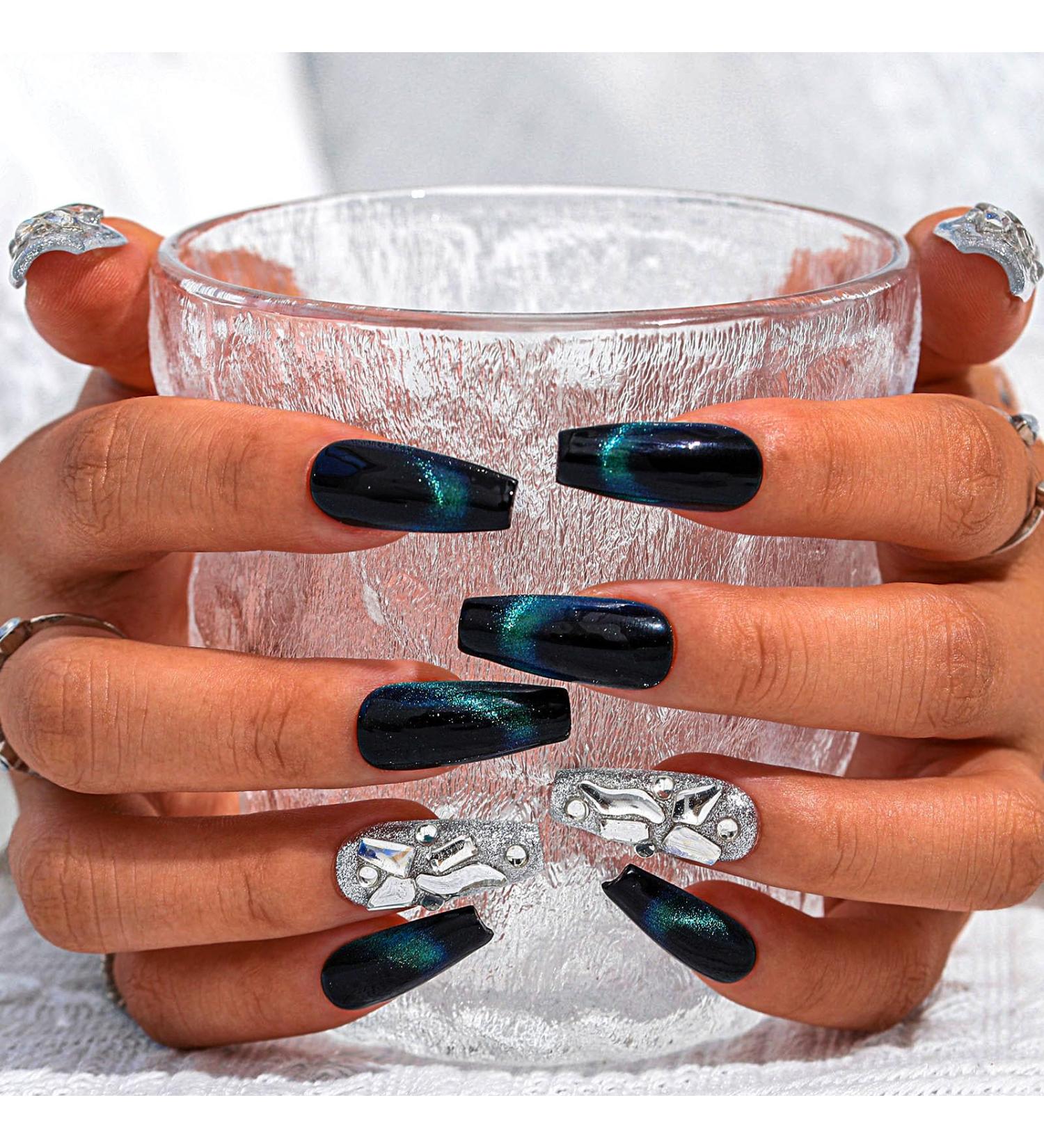 Sethexy Glitter Rhinestone Long Coffin Fake Nails Cat Eye Handmade False Nails Green Crystal Glossy Press on Nails Salon Durable Quality Nails for Women and Girls(C) - Buy Online on GoSupps.com